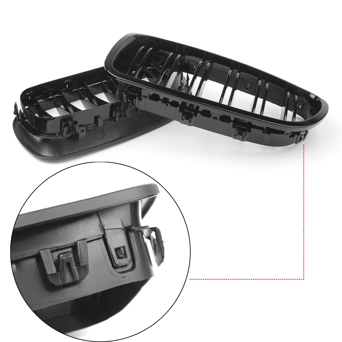 2010-2016 BMW 5 Series F10 Sedan Dual Slat Gloss Black Front Kidney Grille — Pair (51137203649 / 51137203650)