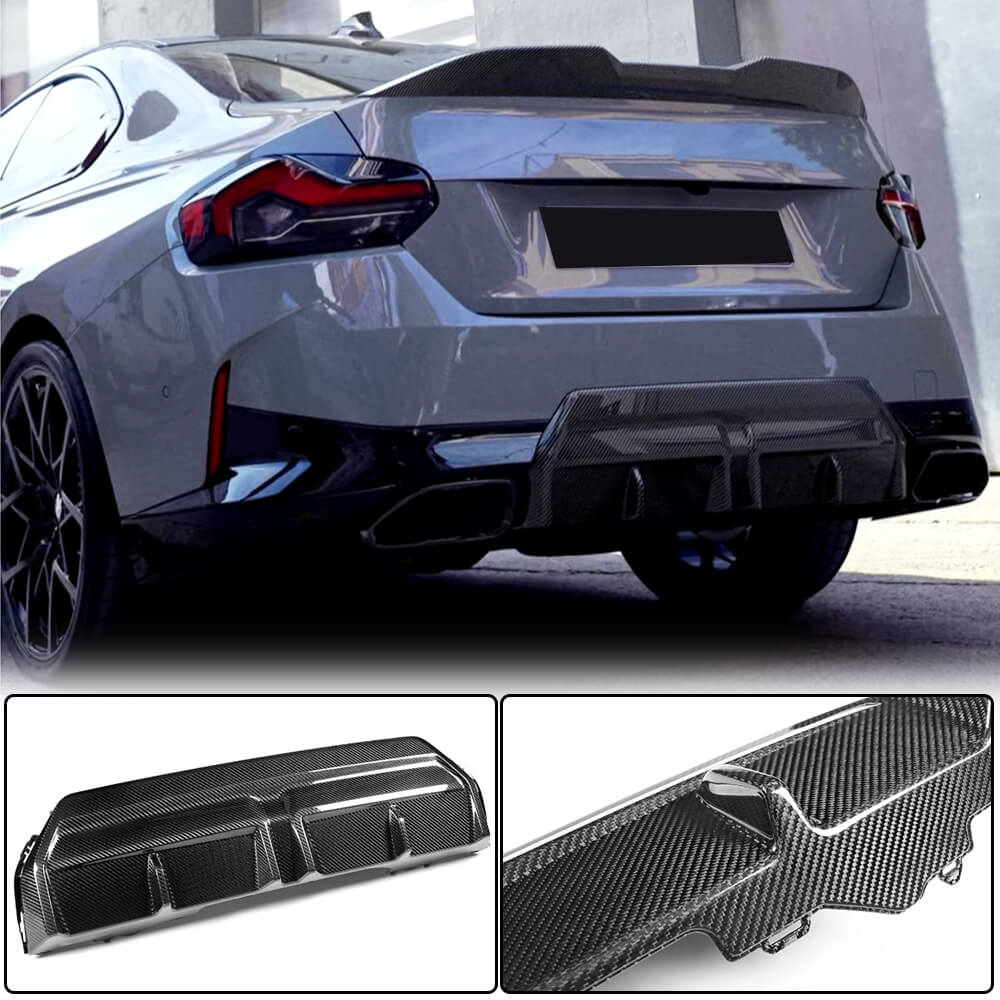 Dry carbon fiber rear bumper diffuser fitted around twin exhaust tips
