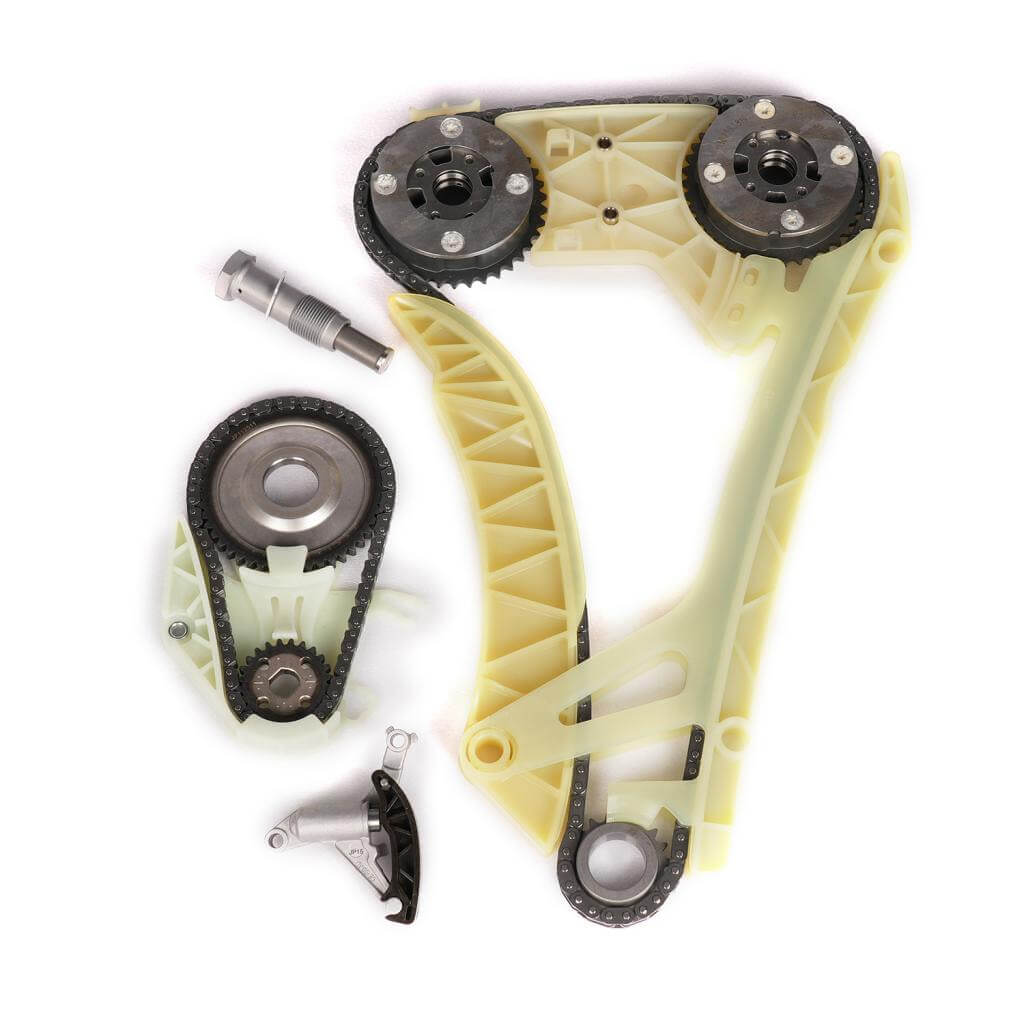 Engine timing chain kit with guides and tensioner