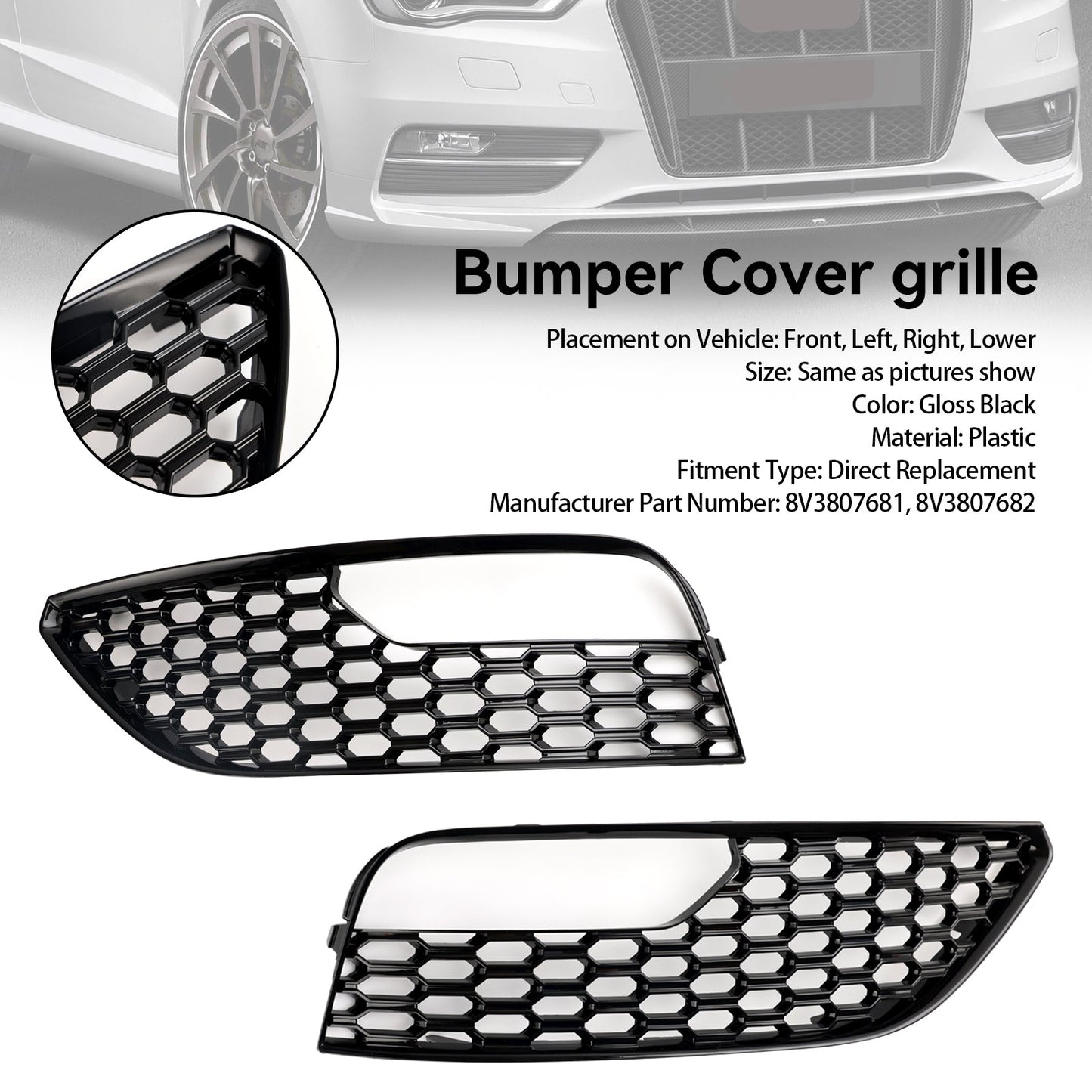 2012-2016 Audi A3 S3 Standard Version Front Bumper Fog Light Surround Cover Grille — Pair (8V3807681 / 8V3807682)