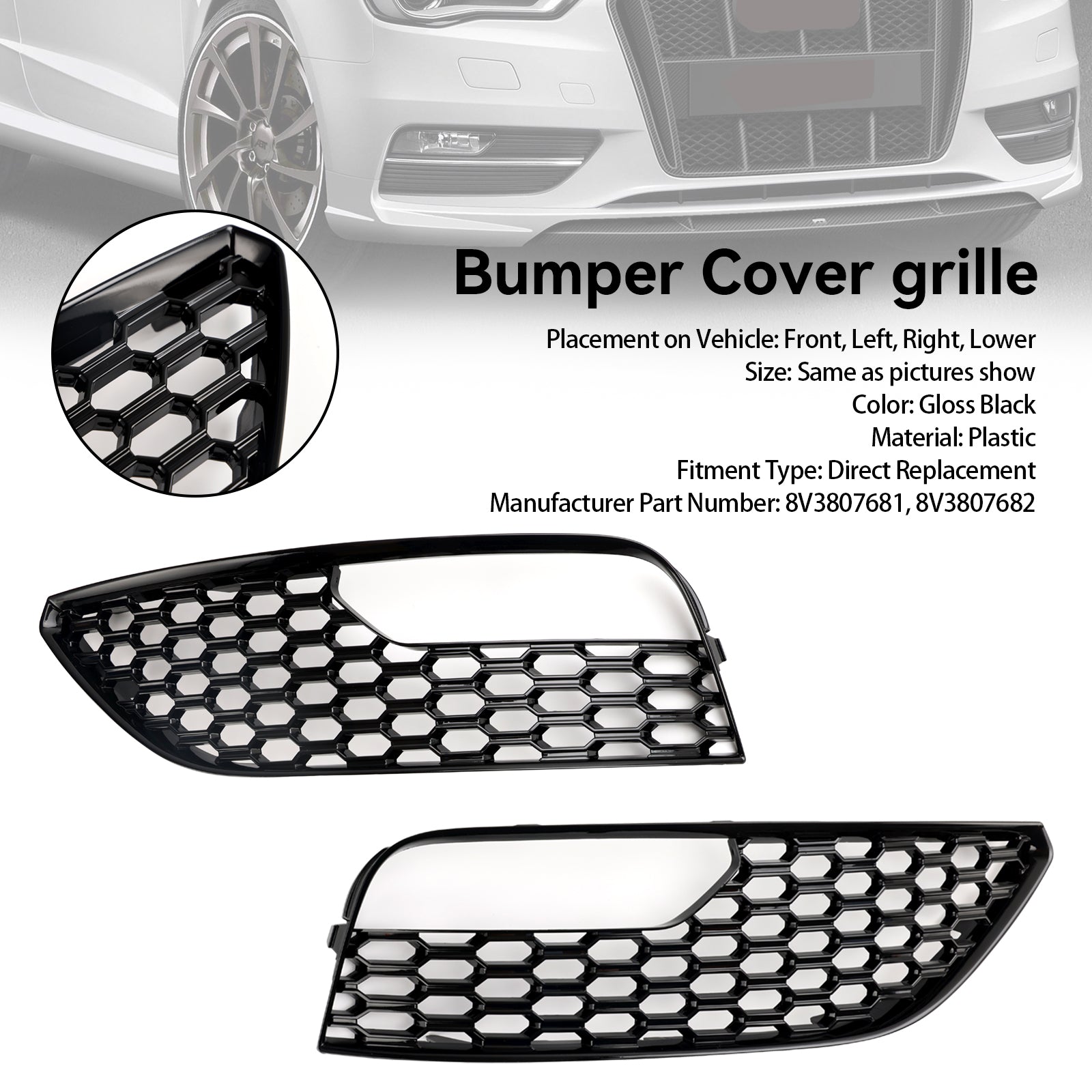 2012-2016 Audi A3 S3 Standard Version Front Bumper Fog Light Surround Cover Grille — Pair (8V3807681 / 8V3807682)