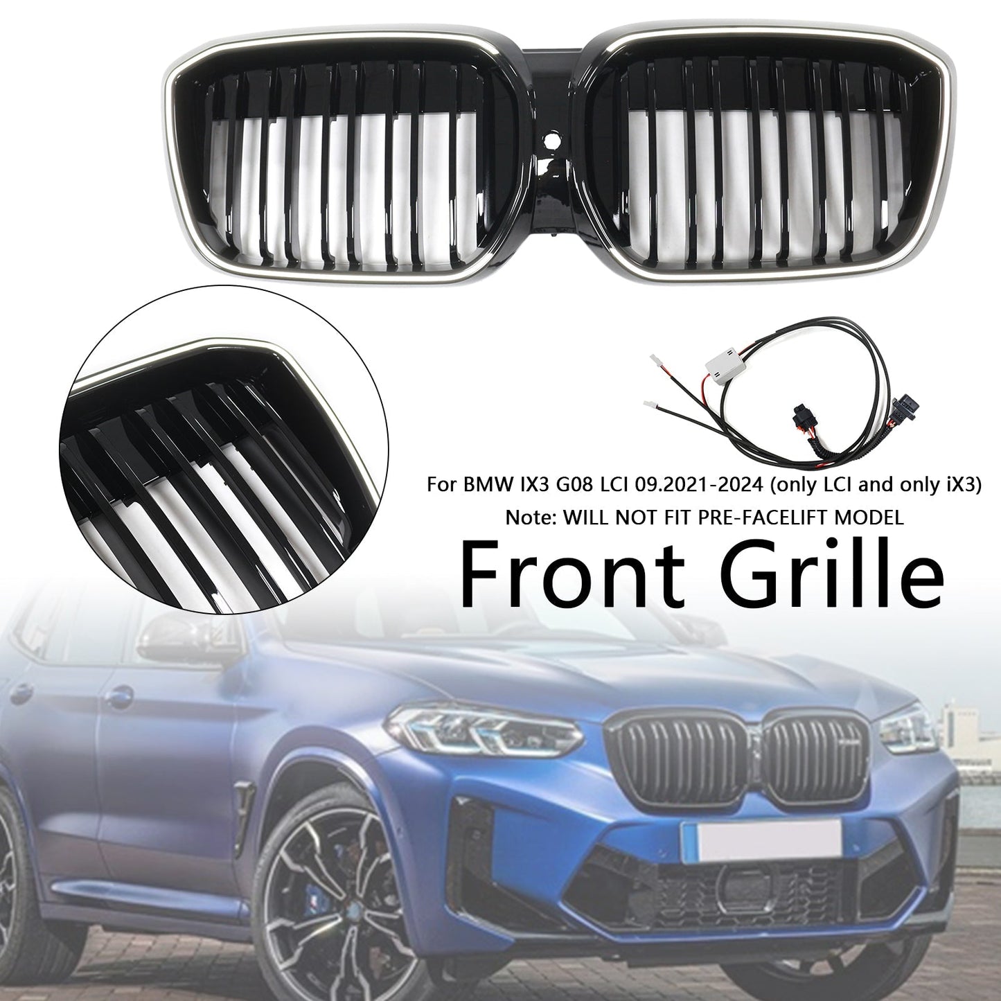 2022-2024 BMW iX3 G08 LCI Double Slat Gloss Black Front Kidney Grille