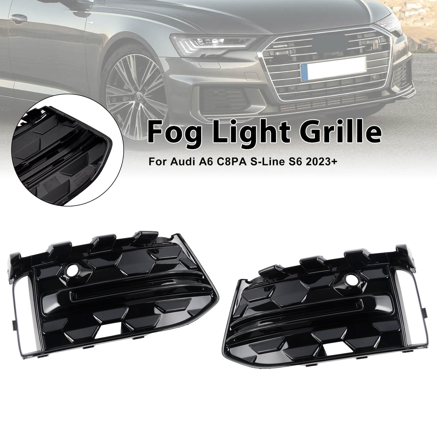 2023+ Audi A6L C8PA Black Front Bumper Fog Light Grille Trim — Pair