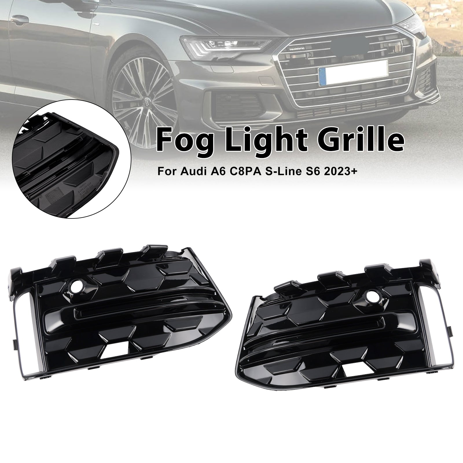2023+ Audi A6L C8PA Black Front Bumper Fog Light Grille Trim — Pair