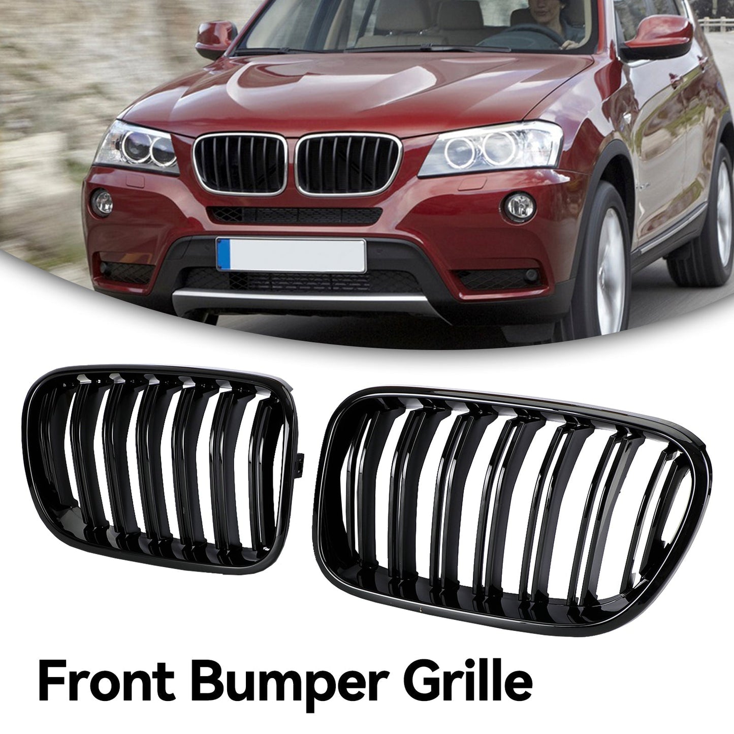 2010-2014 BMW X3 F25 Pre-Facelift Gloss Black Front Bumper Kidney Grill — Pair (51712297589 / 51117210725)