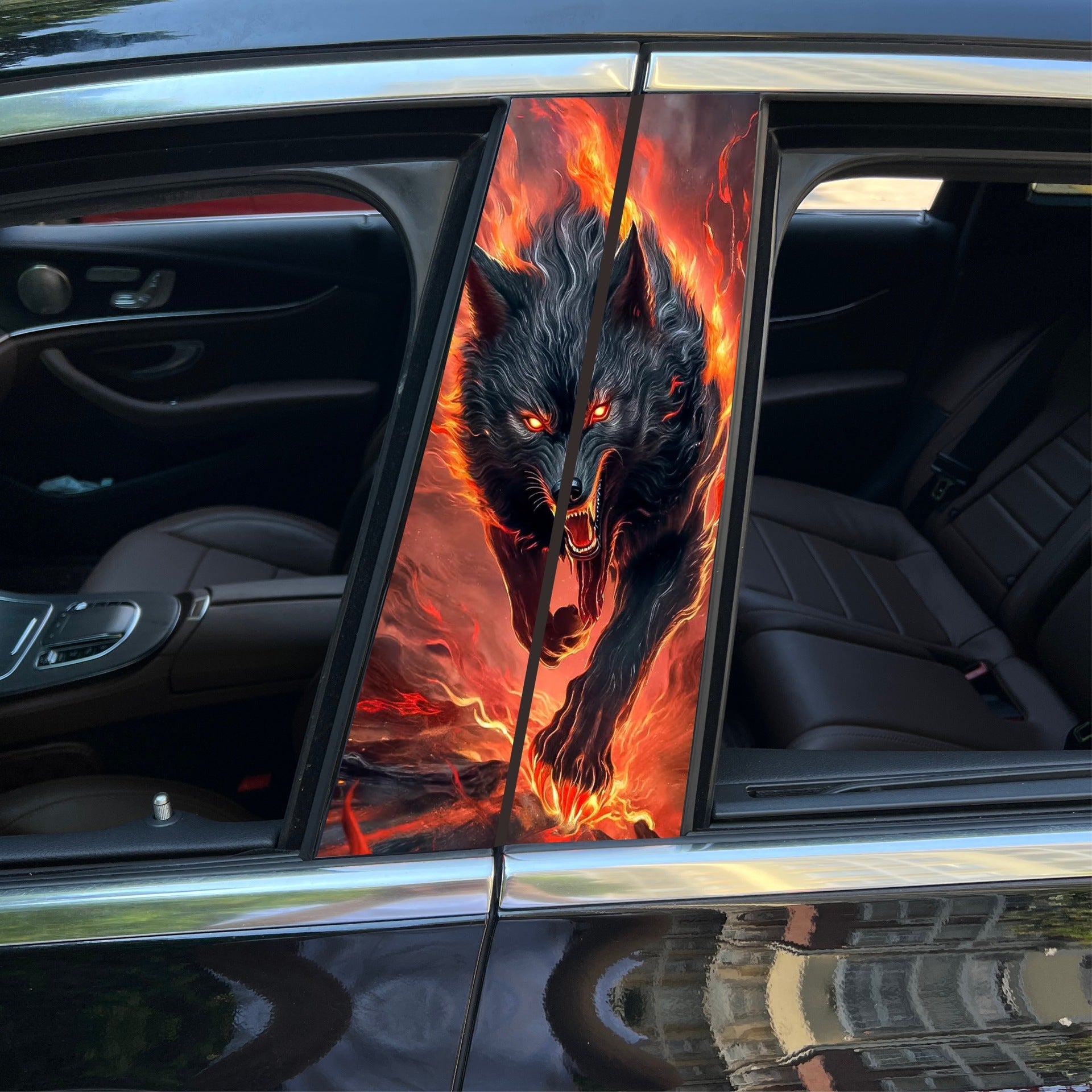 Car Center B Pillar Sticker Car Door Pillar Decals Black Wolf Engulfed - OMOTOR