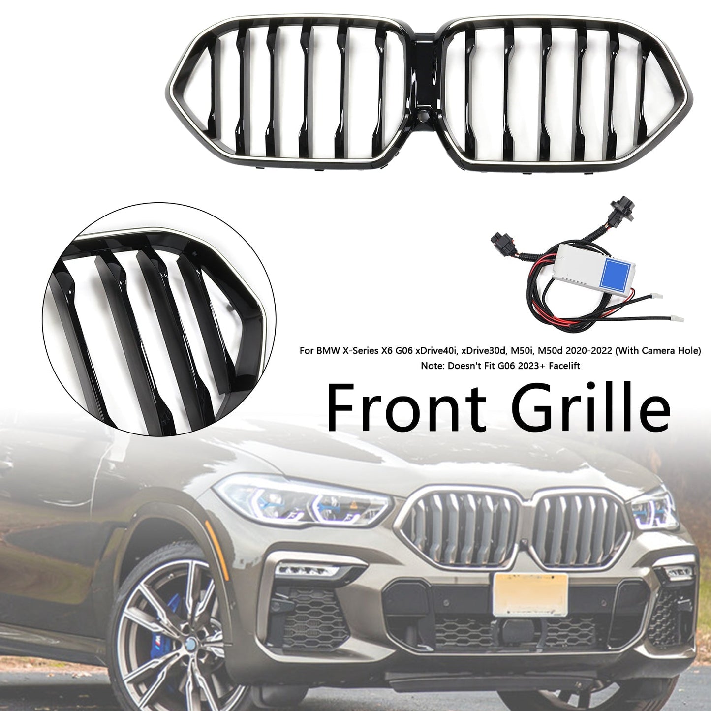2020-2022 BMW X6 G06 M50i Black Front Bumper Grille with Camera Hole