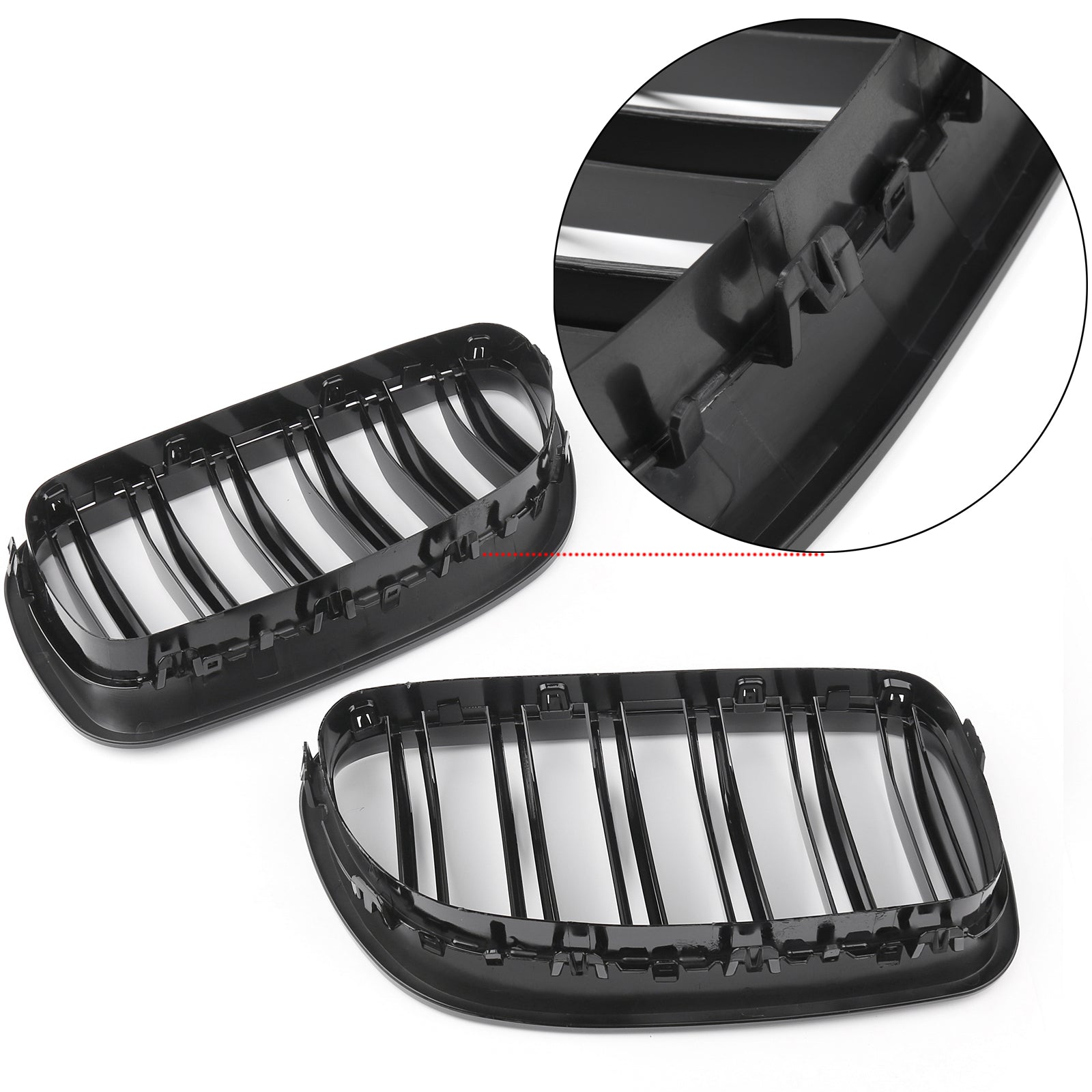 2010-2016 BMW 5 Series F10 Sedan Dual Slat Gloss Black Front Kidney Grille — Pair (51137203649 / 51137203650)