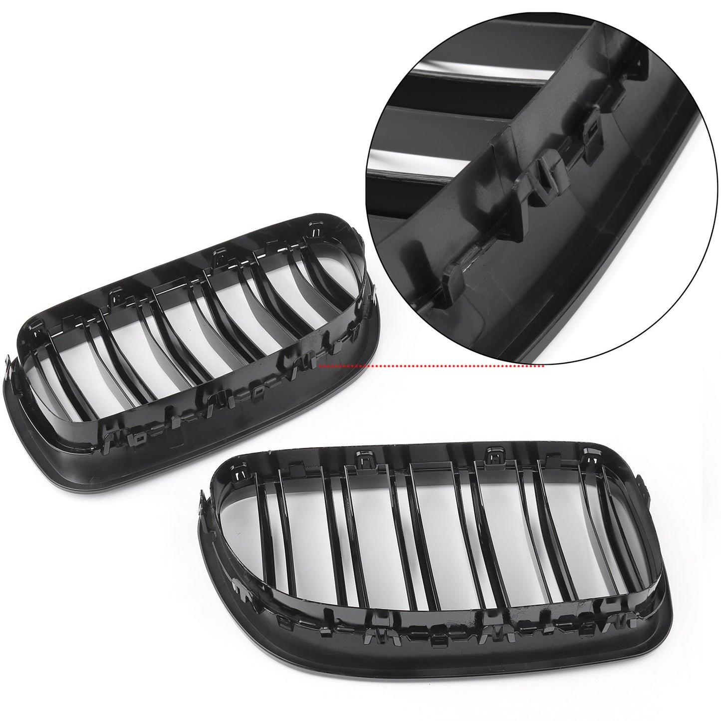 2011-2016 BMW 5 Series F10 Dual Slat Gloss Black Front Kidney Grille — Pair (51137203649 / 51137203650)