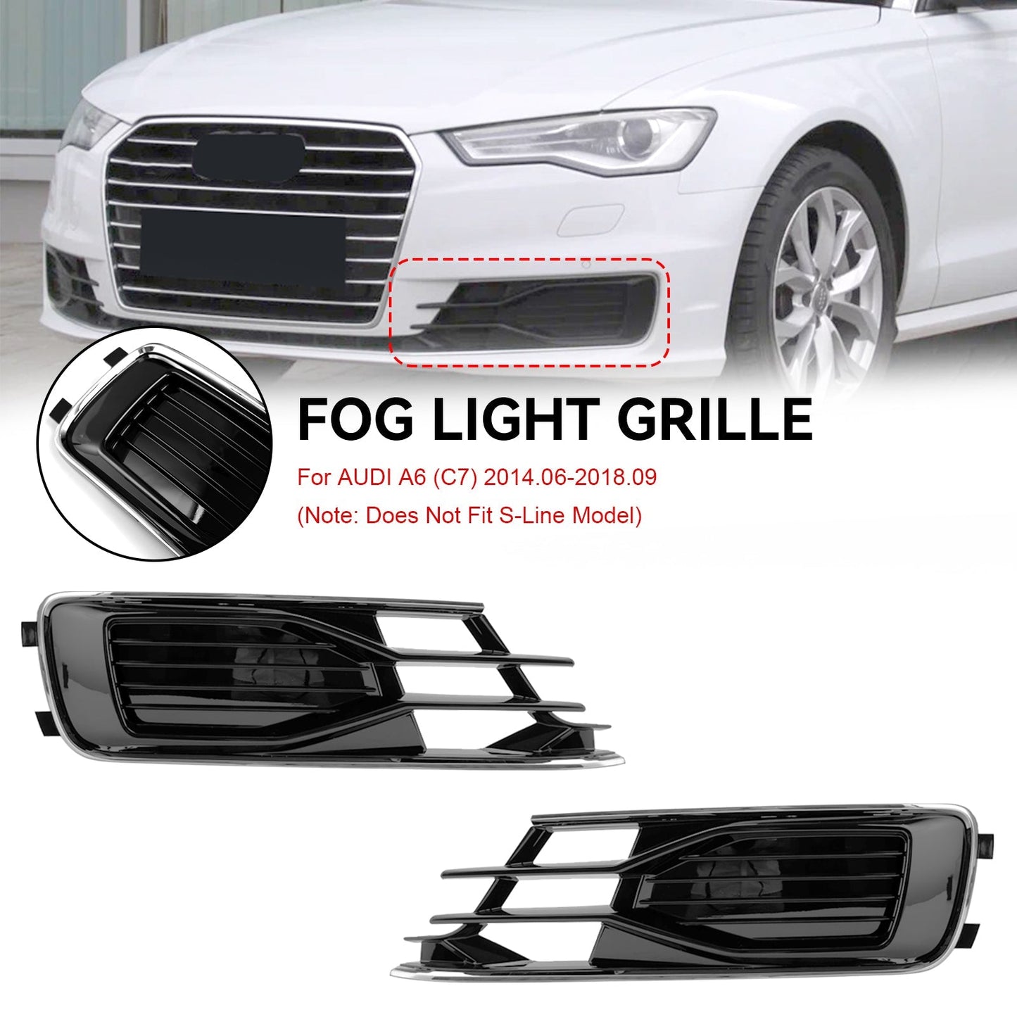 2014-2018 Audi A6 C7 Black Chrome Front Bumper Fog Light Cover Grill — Pair (4G0807647T94 / 4G0807648T94)