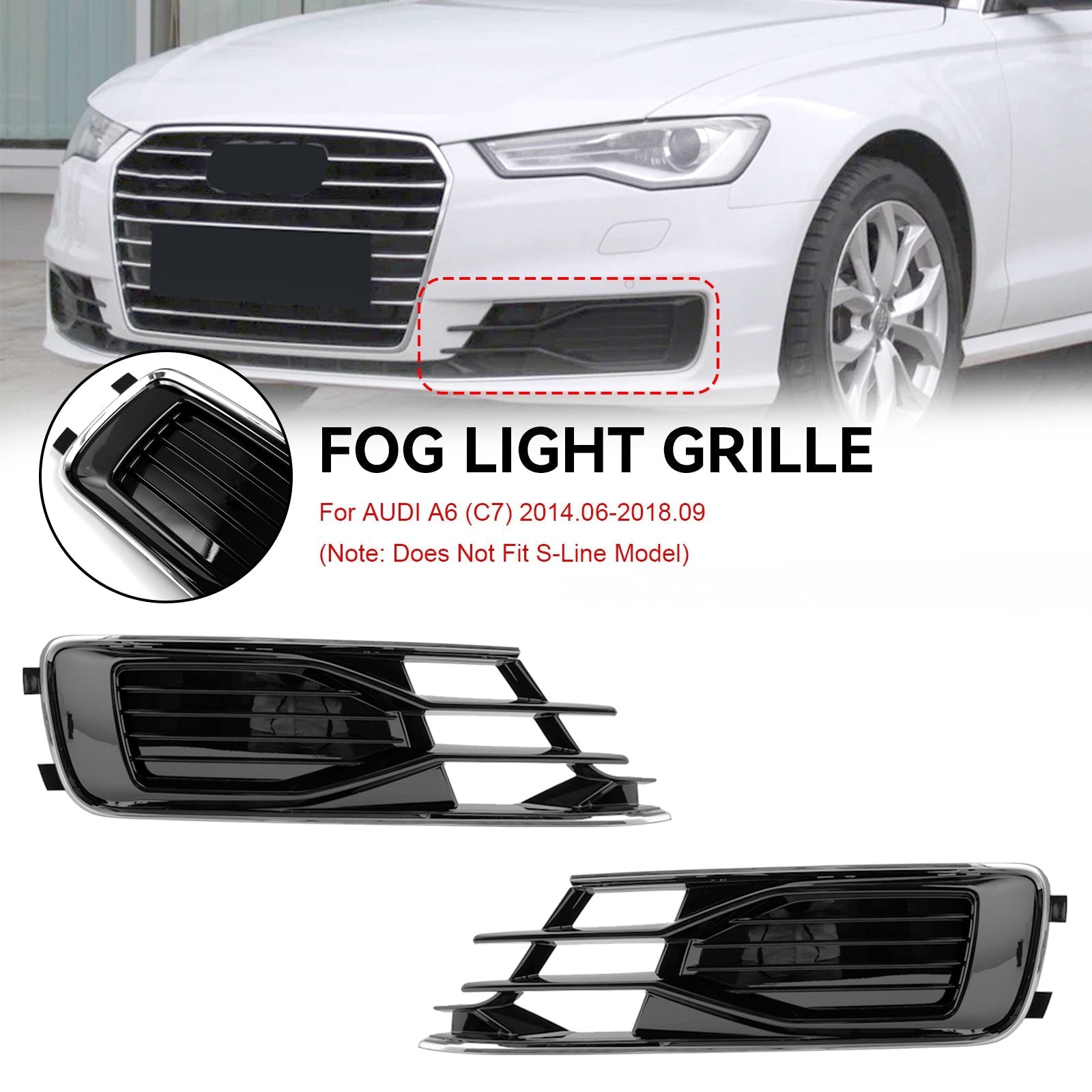 2014-2018 Audi A6 C7 Black Chrome Front Bumper Fog Light Cover Grill — Pair (4G0807647T94 / 4G0807648T94)