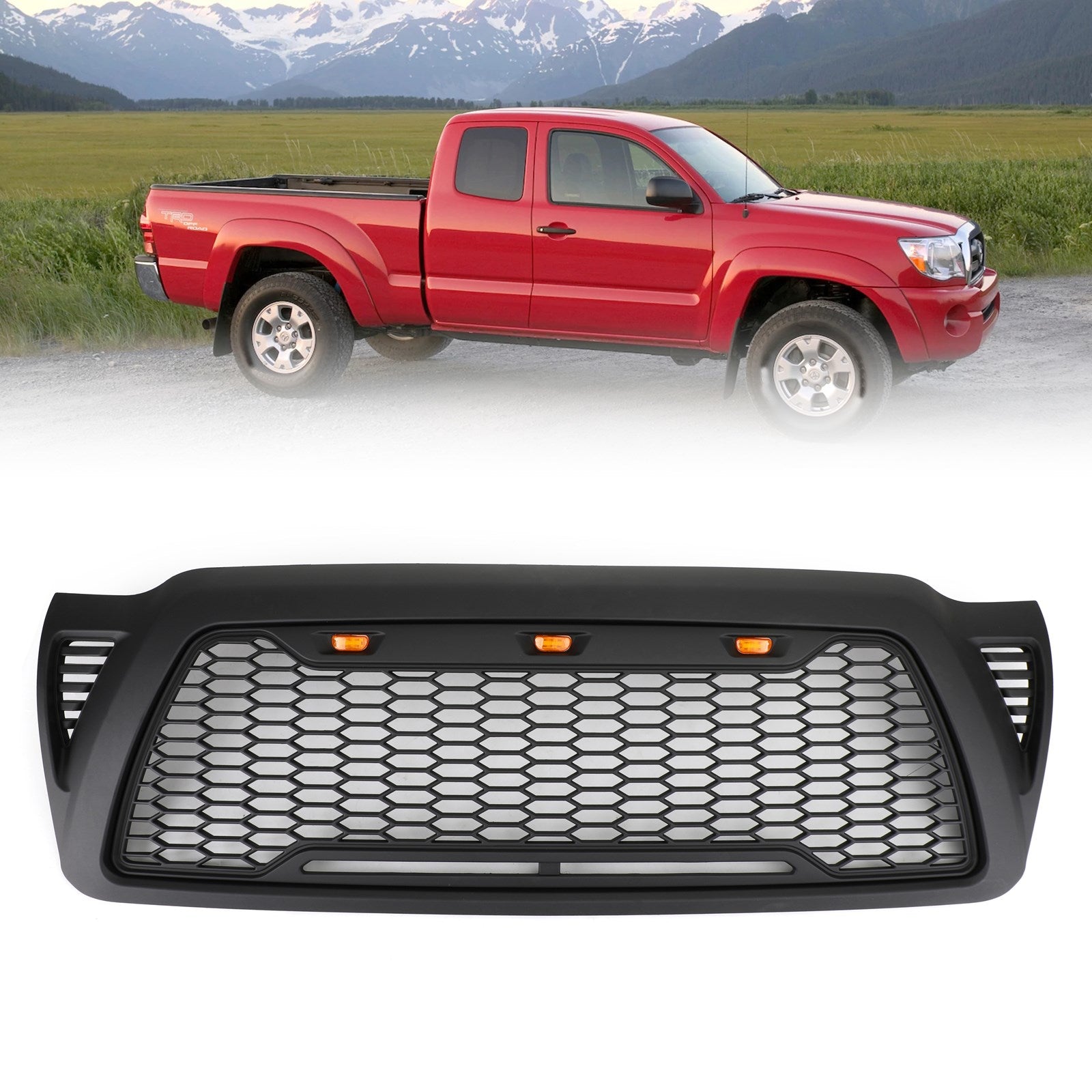 Front Grille Bumper Hood Mesh Grill Fit Toyota Tacoma 2005-2011 With LED lights