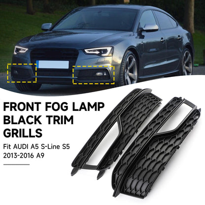 2013-2016 Audi A5 S-Line S5 Black Front Fog Lamp Trim Grill — Pair