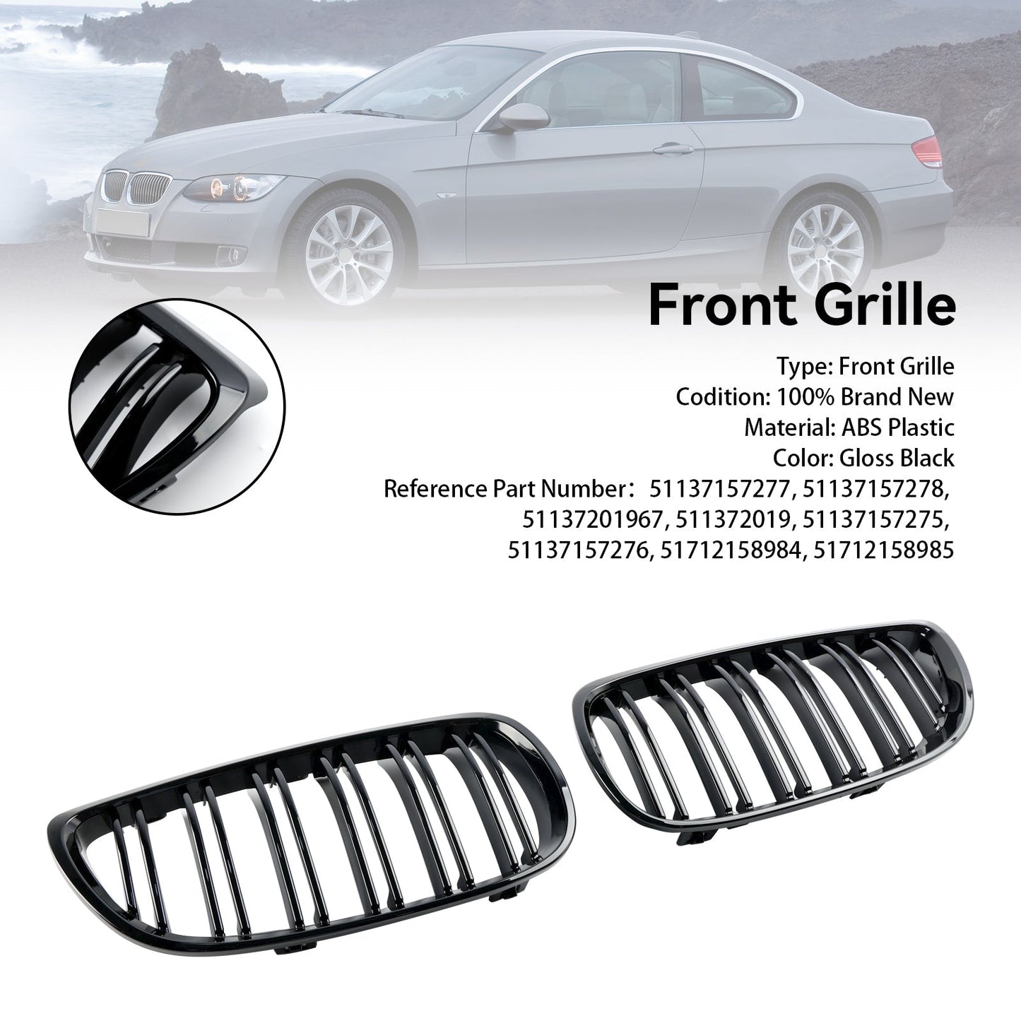 2008-2013 BMW M3 E92 E93 Gloss Black Front Kidney Grille — Pair (51137157277 / 51137157278)
