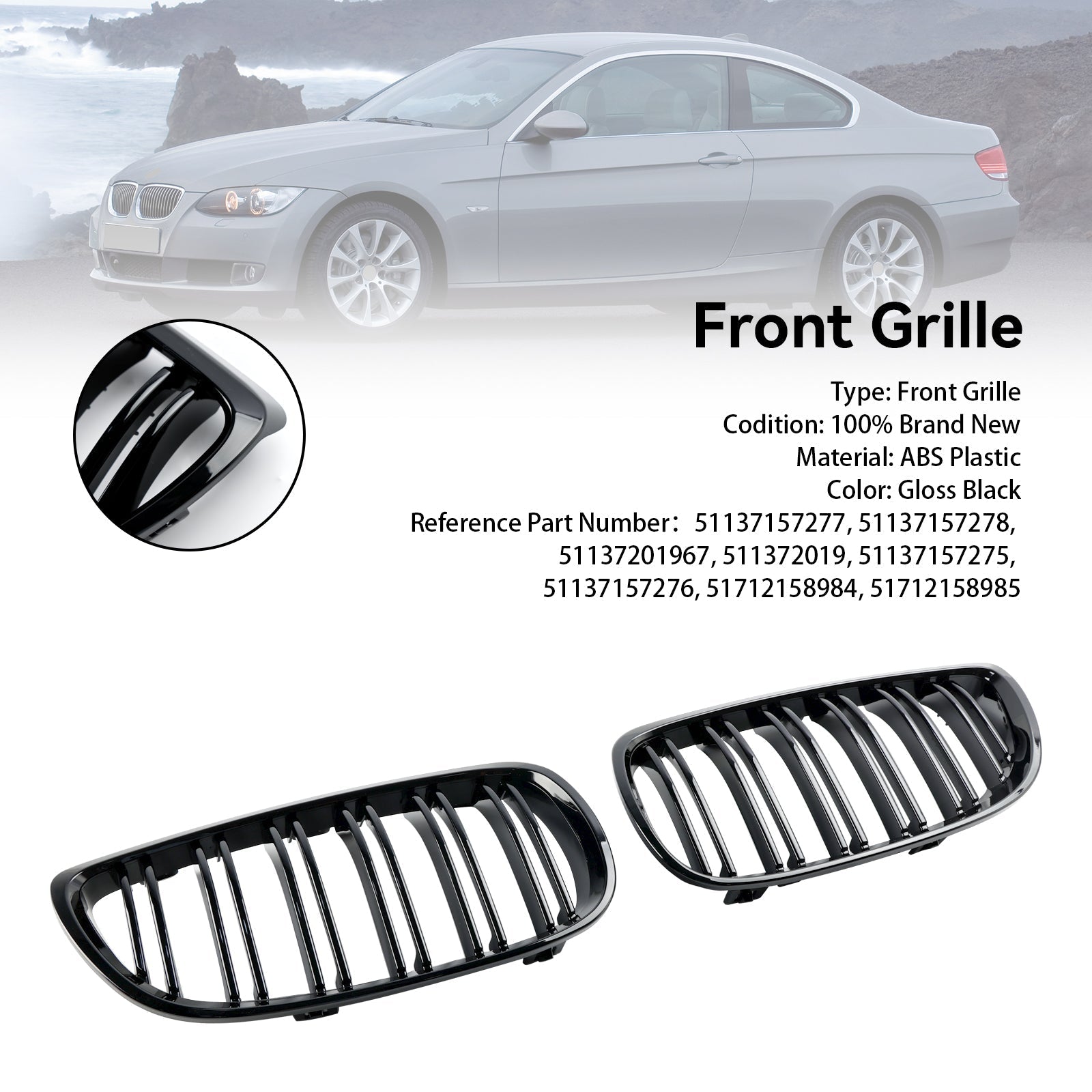 2006-2010 BMW E92 2-Door Pre-Facelift Gloss Black Front Kidney Grille — Pair (51137157277 / 51137157278)