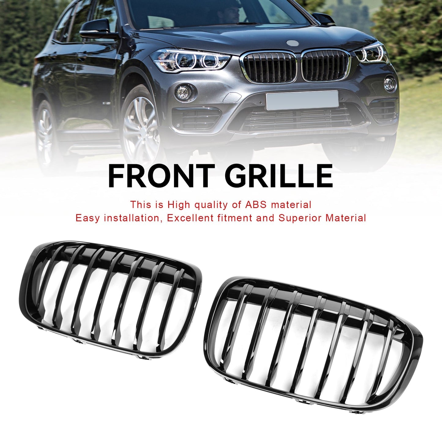 2016-2018 BMW X1 F48 F49 Gloss Black Front Kidney Grille — Pair