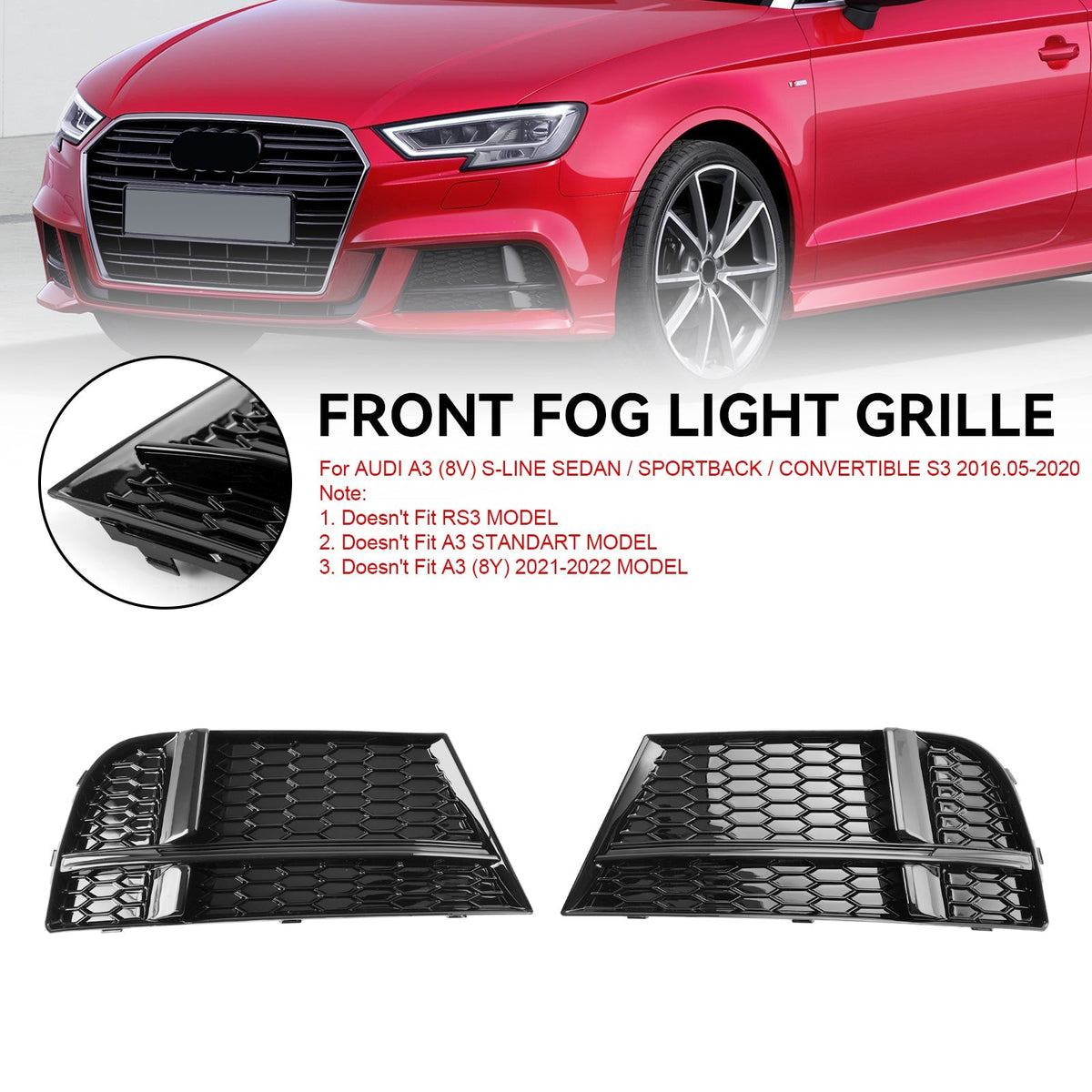 2016-2020 Audi A3 8V S-Line Front Fog Light Cover Bezel Grill — Pair (8V3807682 / 8V3807681)