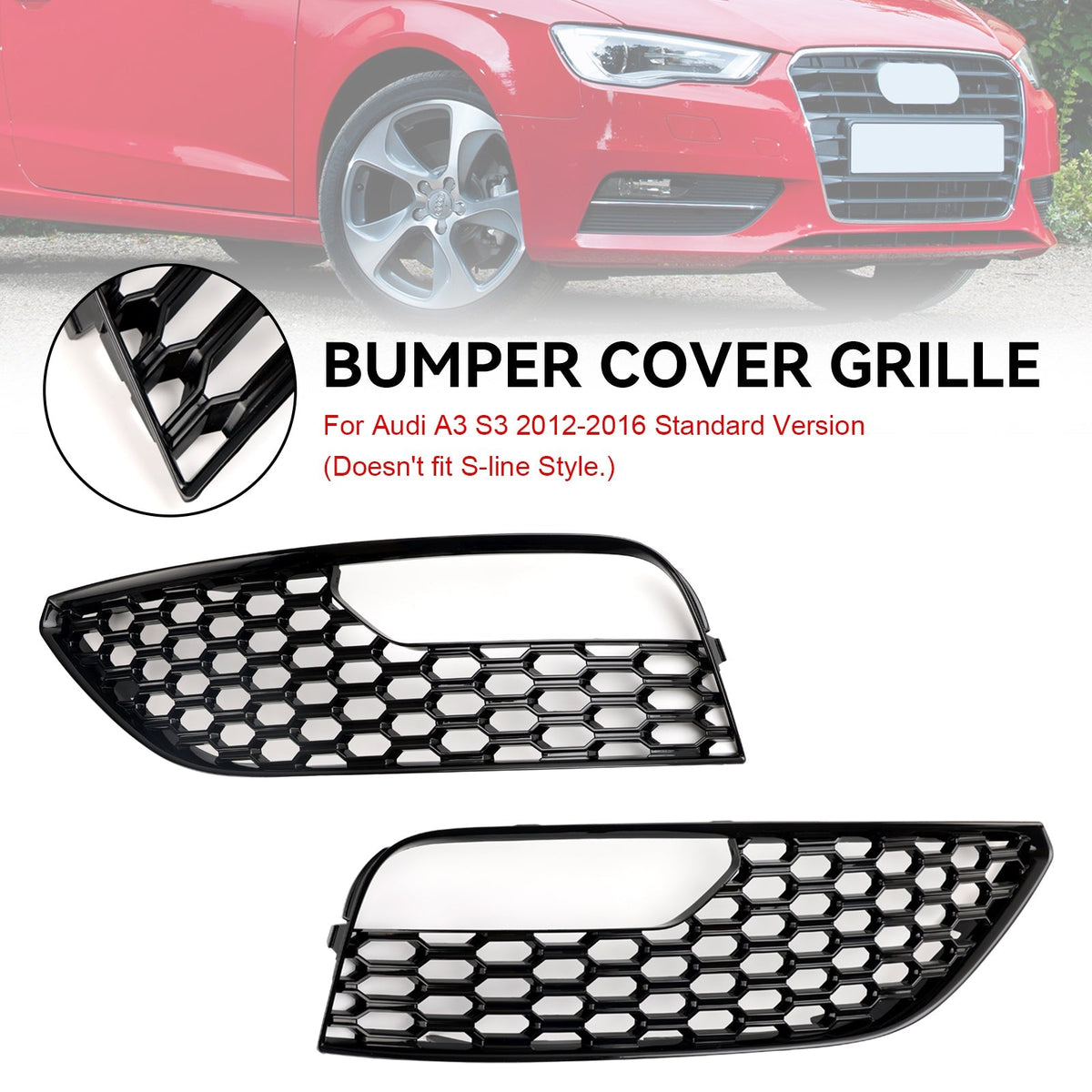 2012-2016 Audi A3 S3 Standard Version Front Bumper Fog Light Surround Cover Grille — Pair (8V3807681 / 8V3807682)
