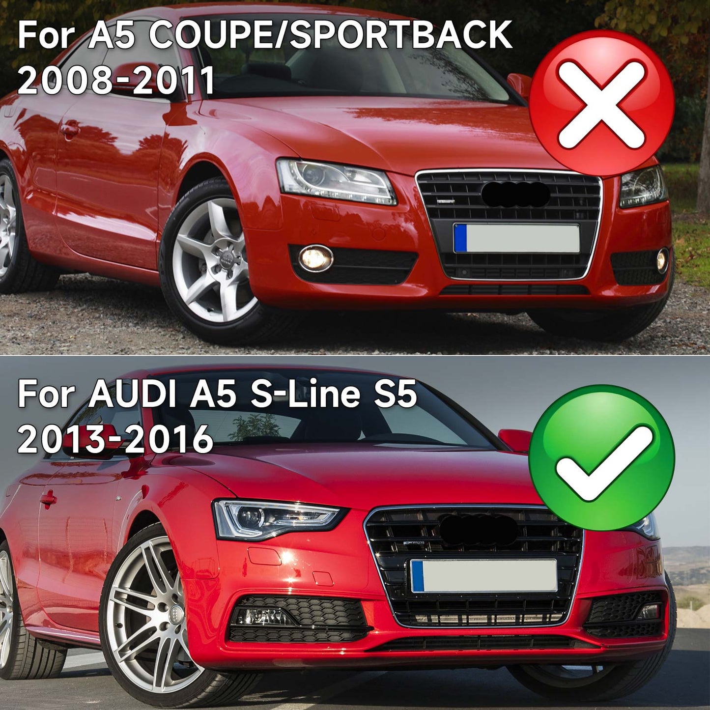 2013-2016 Audi A5 S-Line S5 Black Front Fog Lamp Trim Grill — Pair