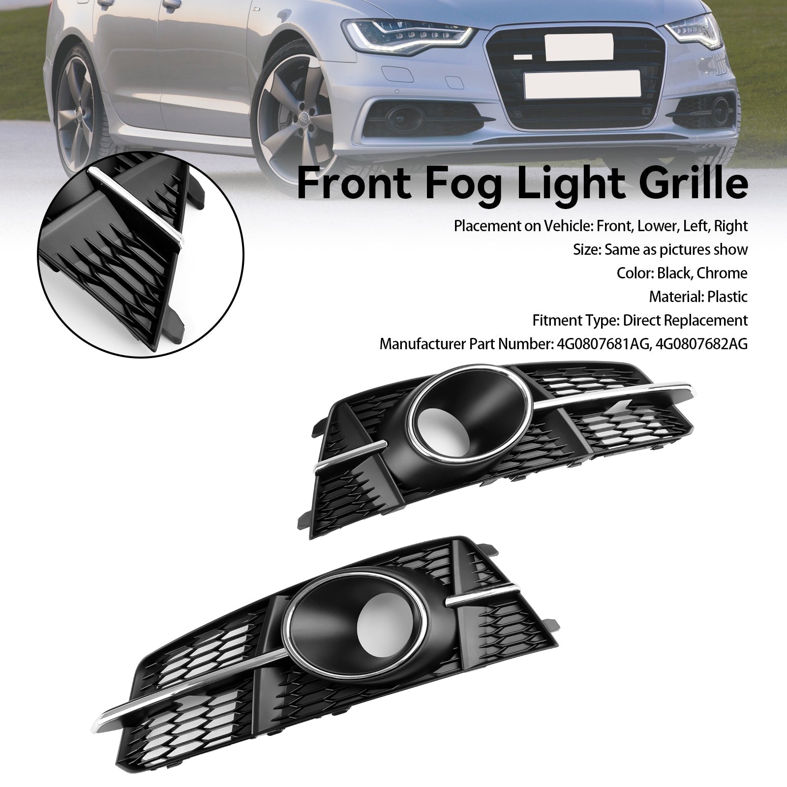 2016-2018 Audi A6 C7 A6L C7PA S-Line Fog Light Front Bumper Lower Grill — Pair (4G0807681AG / 4G0807682AG)