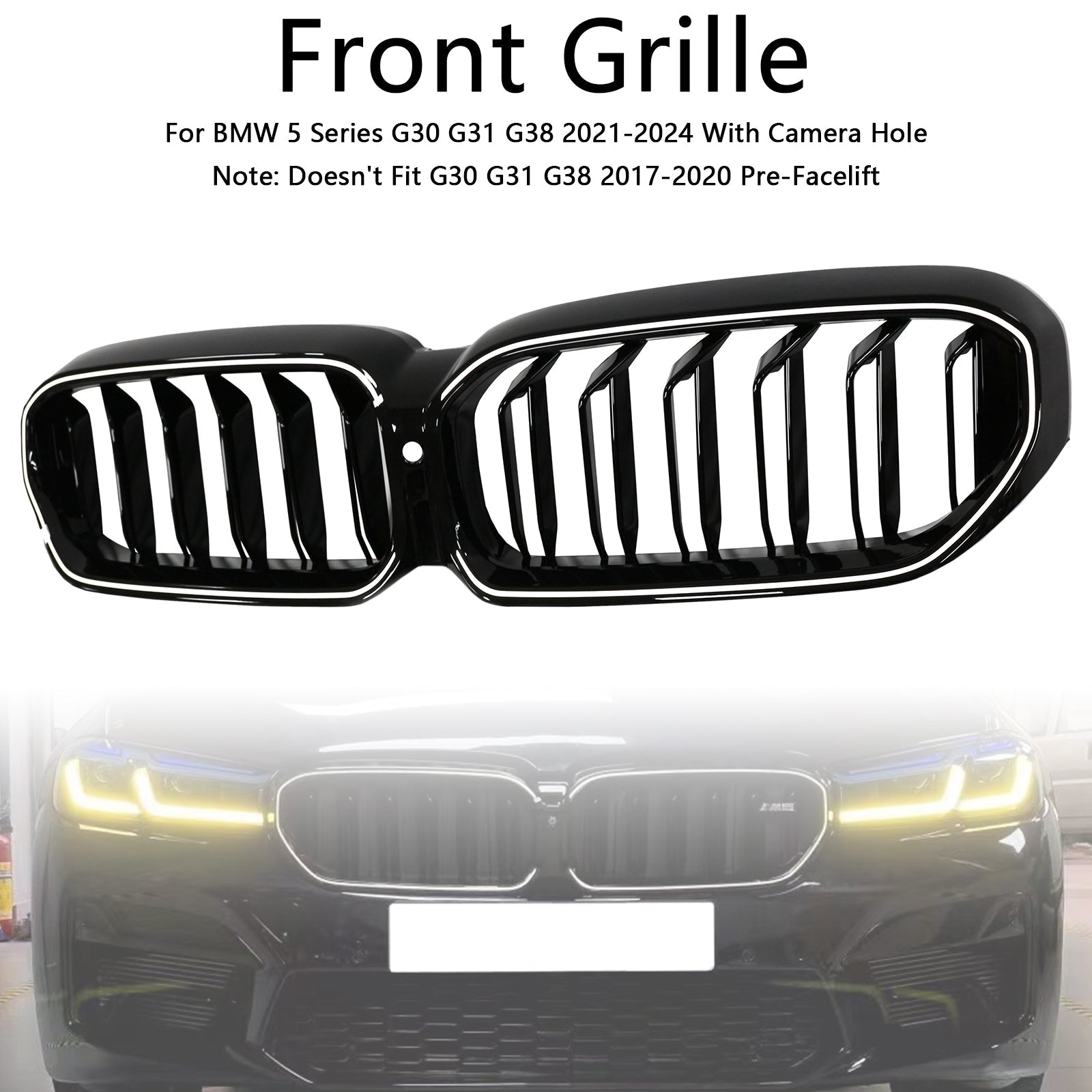 2021-2024 BMW 5 Series G30 G31 G38 Double Slat Gloss Black Front Kidney Grille