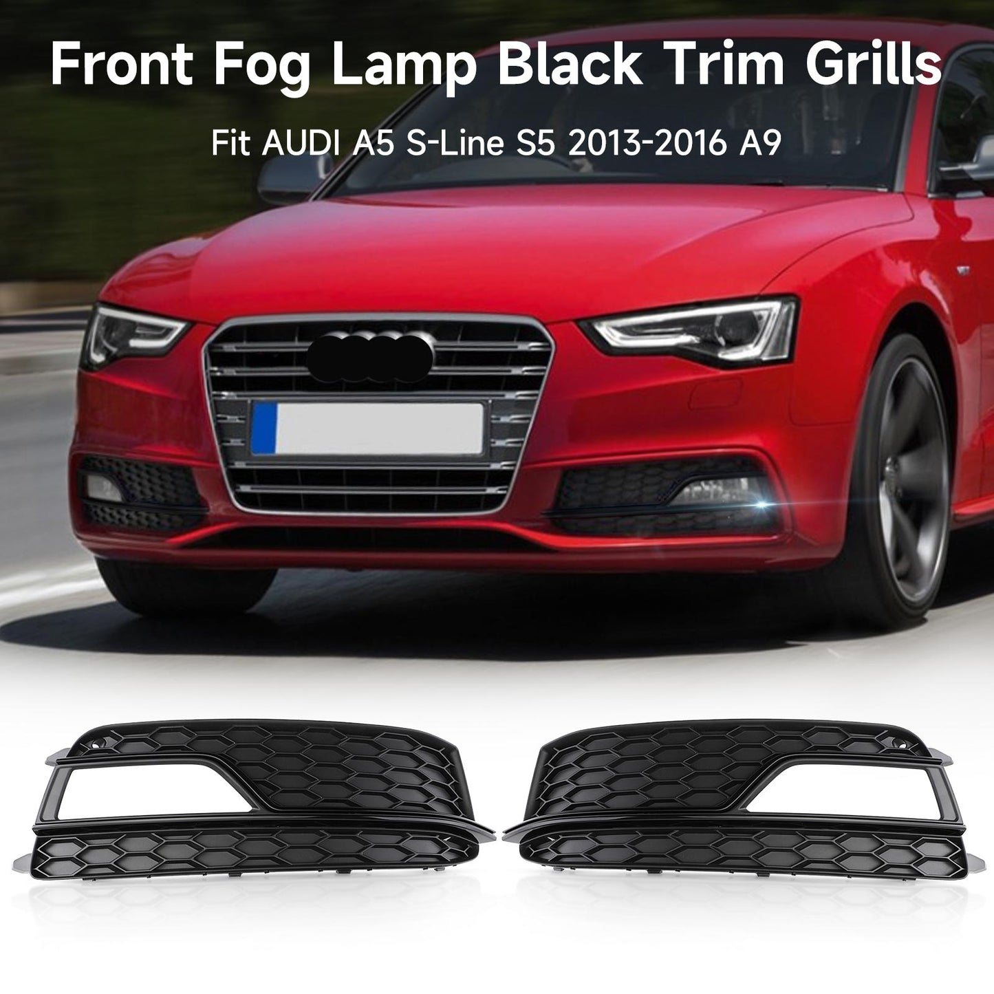 2013-2016 Audi A5 S-Line S5 Black Front Fog Lamp Trim Grill — Pair