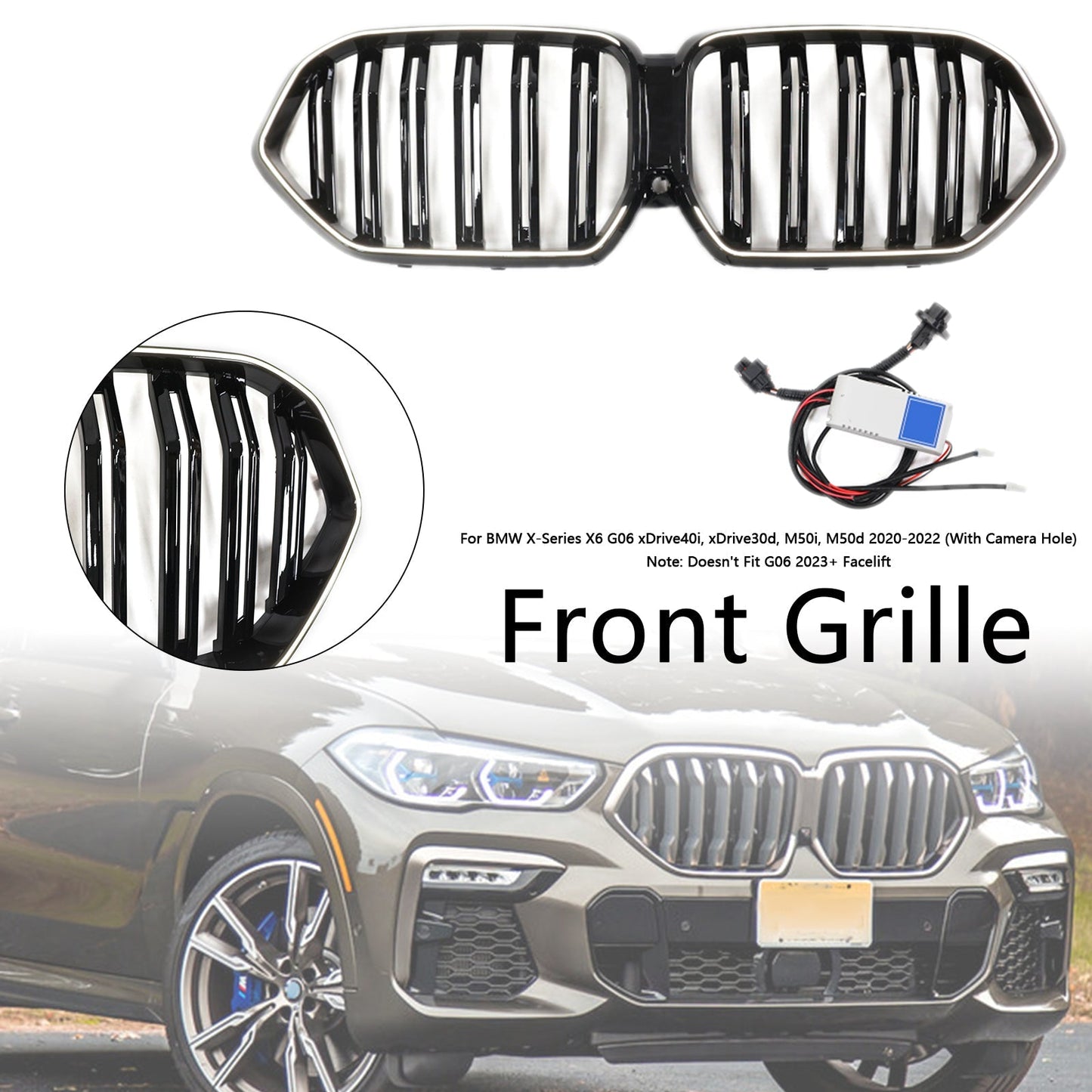 2020-2022 BMW X6 G06 M50i Gloss Black Front Bumper Grille with Camera Hole