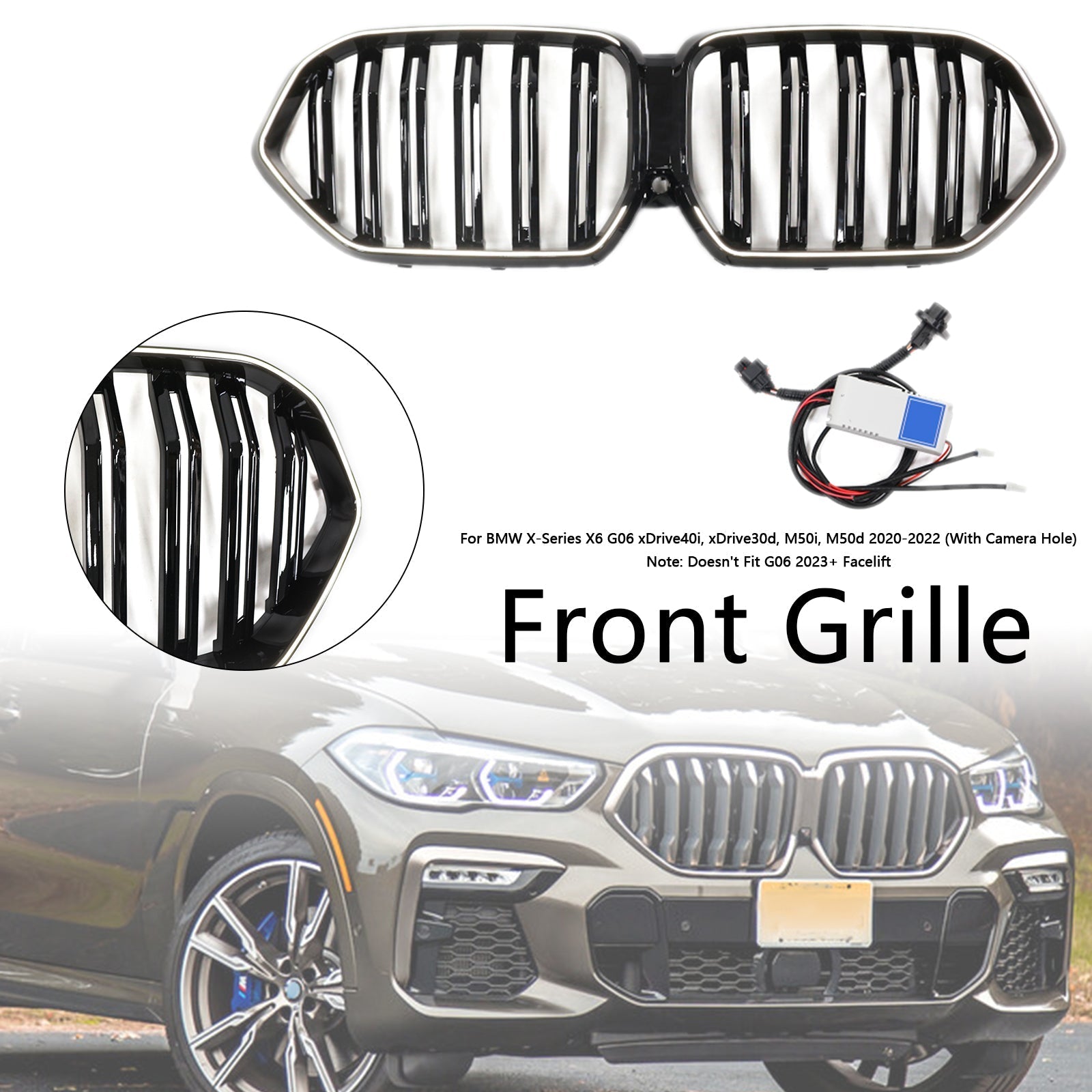 2020-2022 BMW X6 G06 M50i Gloss Black Front Bumper Grille with Camera Hole