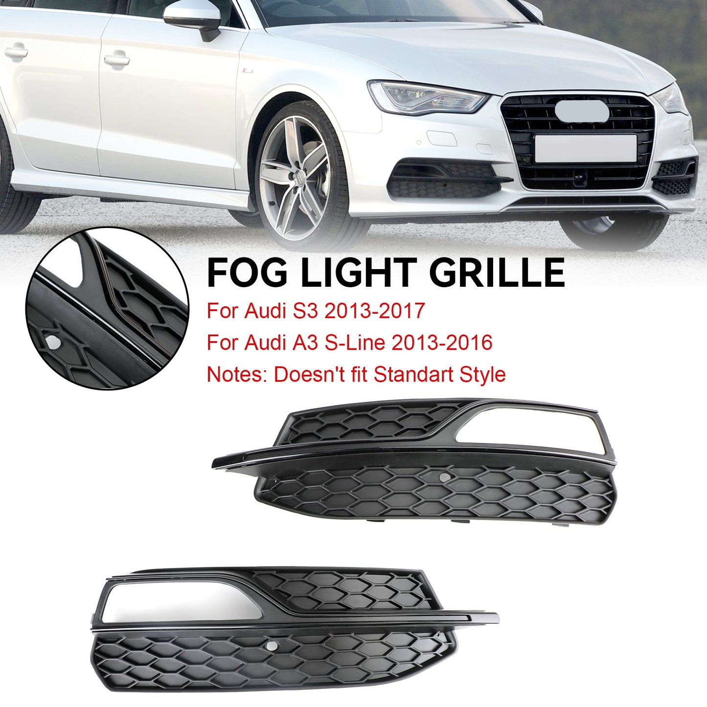 2013-2017 Audi S3 Lower Bumper Fog Light Cover Grille — Pair (8V3807681G / 8V3807682G)