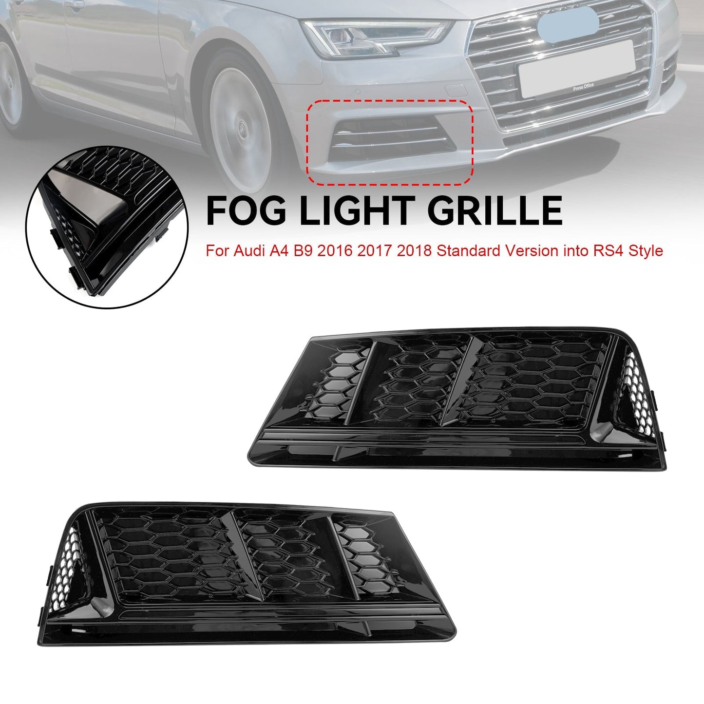 2016-2018 Audi A4 B9 Standard RS4 Style Front Fog Light Grill Lower Bumper Grille Chrome — Pair (8WD807681 / 8WD807682)