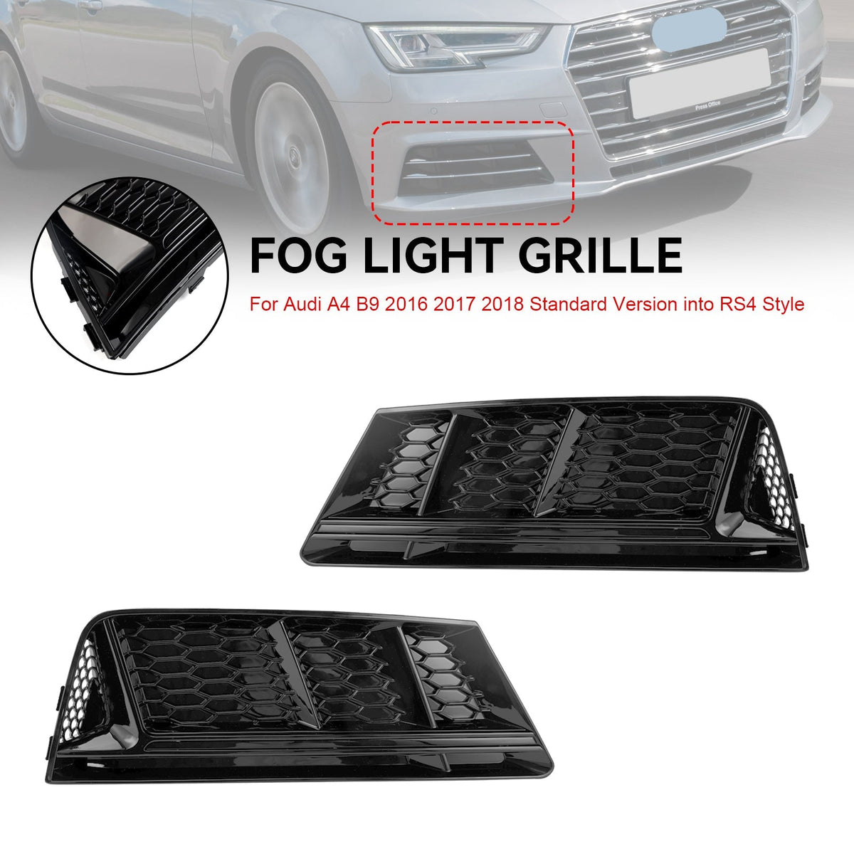 2016-2018 Audi A4 B9 Standard RS4 Style Front Fog Light Grill Lower Bumper Grille Chrome — Pair (8WD807681 / 8WD807682)
