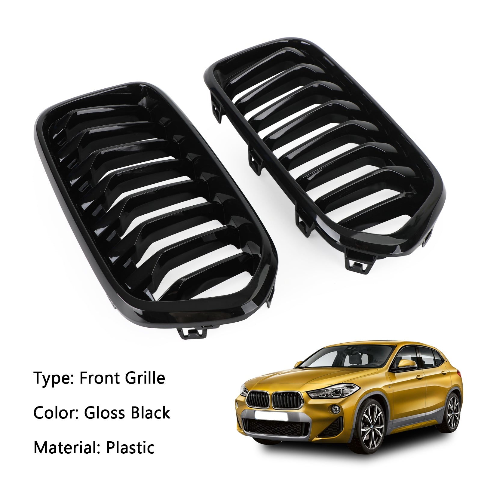 2018-2021 BMW X2 F39 Gloss Black Front Bumper Kidney Grille — Pair (51712455246 / 51712455247)