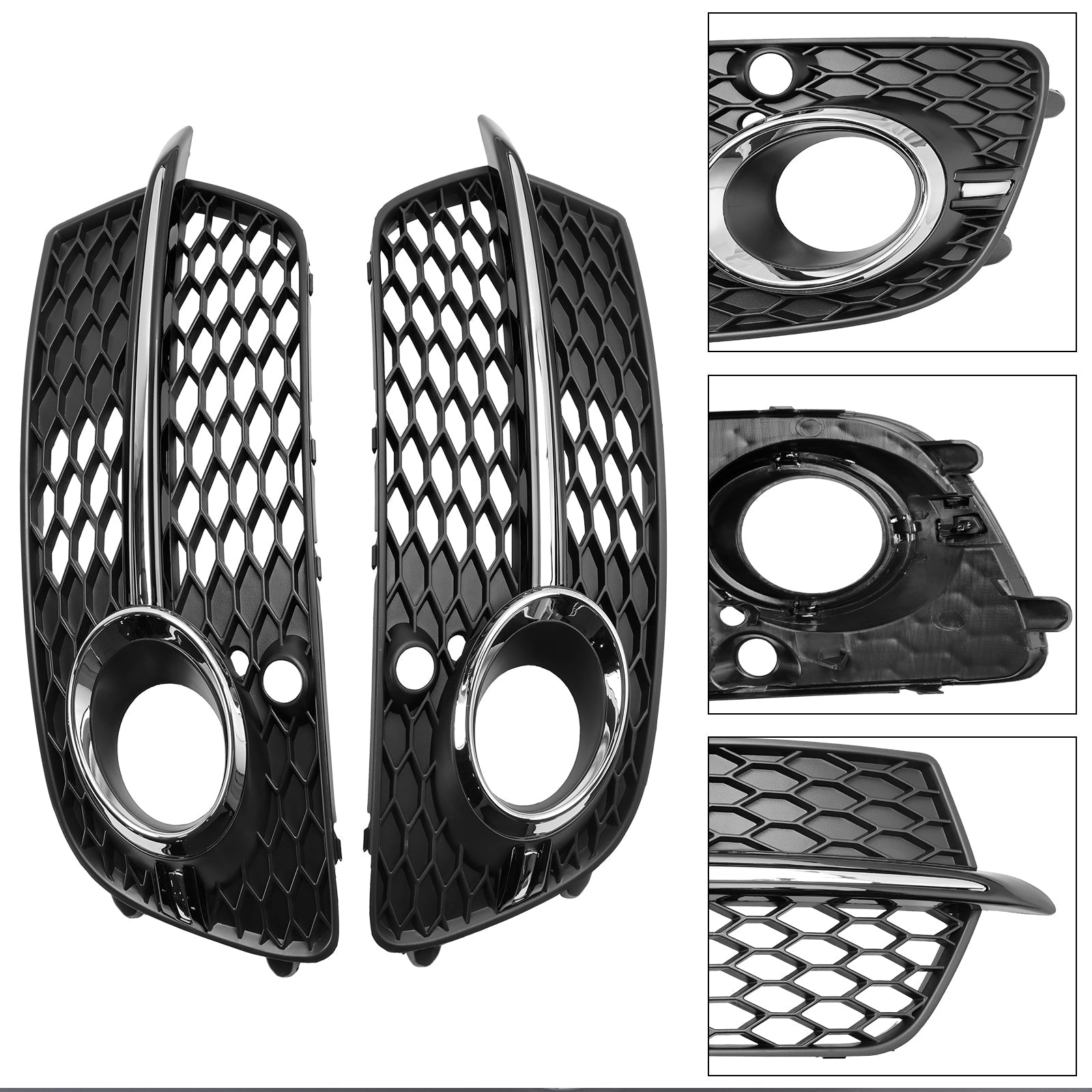 2013-2017 Audi Q5 S-Line SQ5 Black Chrome Front Bumper Fog Light Grille — Pair (8R0807682N / 8R0807681S)
