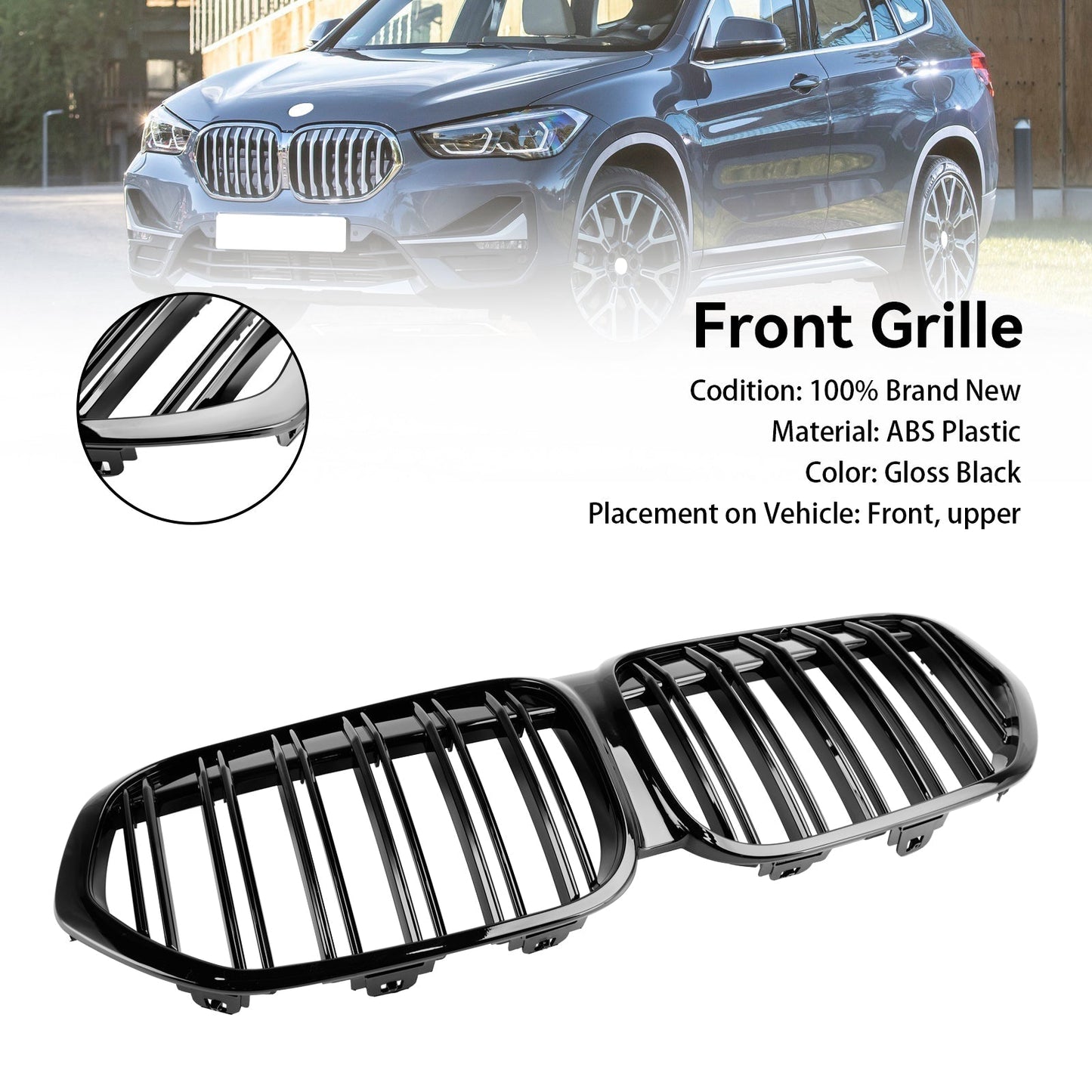 2019-2021 BMW X1 F48 F49 Dual Slat Gloss Black Front Kidney Grille