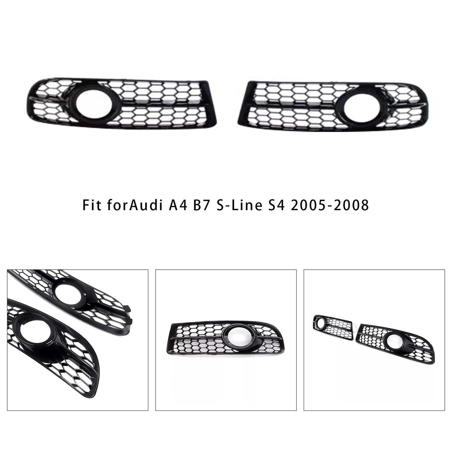 2005-2008 Audi A4 B7 S-Line S4 Front Bumper Honeycomb Fog Light Grille — Pair (8E0807681F / 8E0807682F)