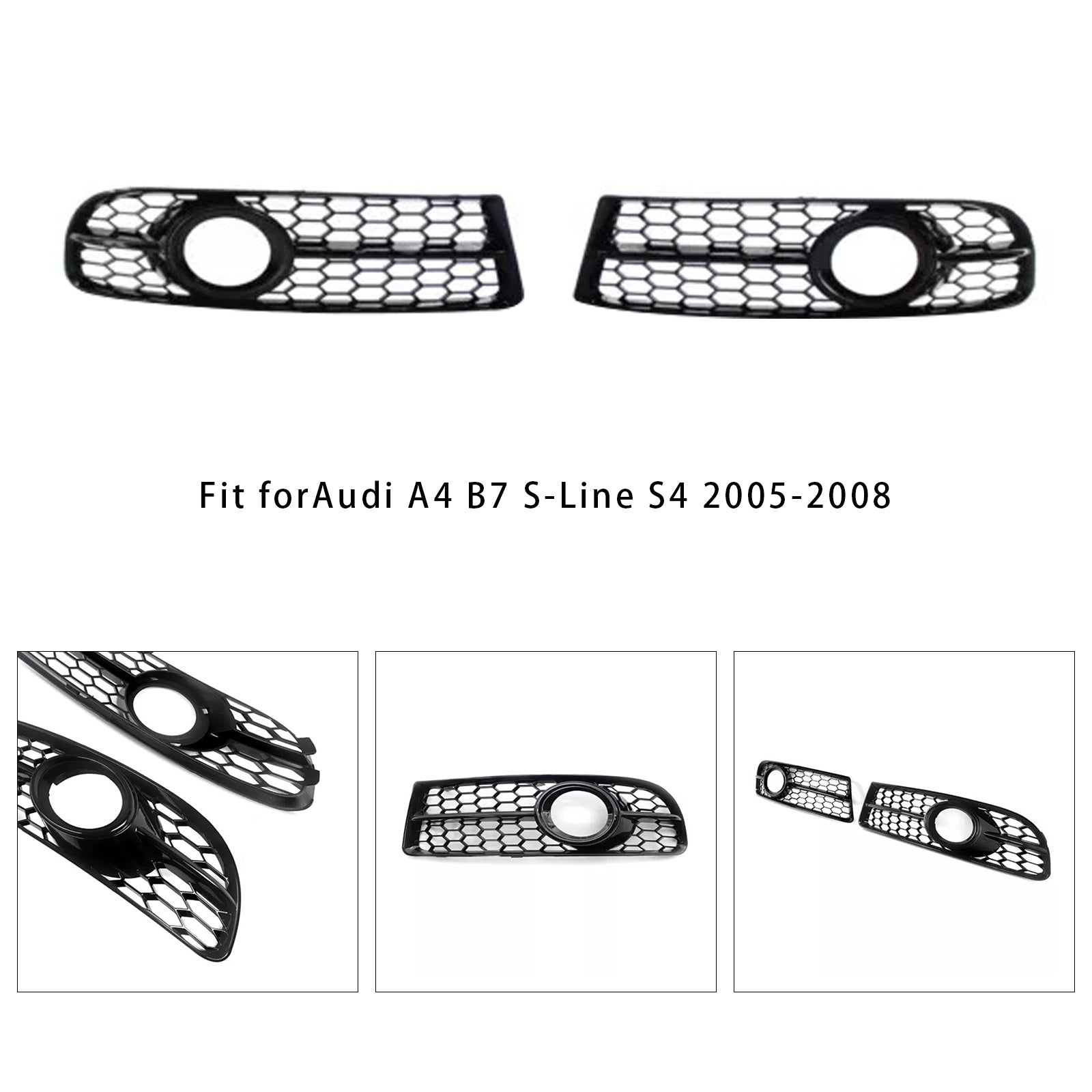 2005-2008 Audi A4 B7 S-Line S4 Front Bumper Honeycomb Fog Light Grille — Pair (8E0807681F / 8E0807682F)