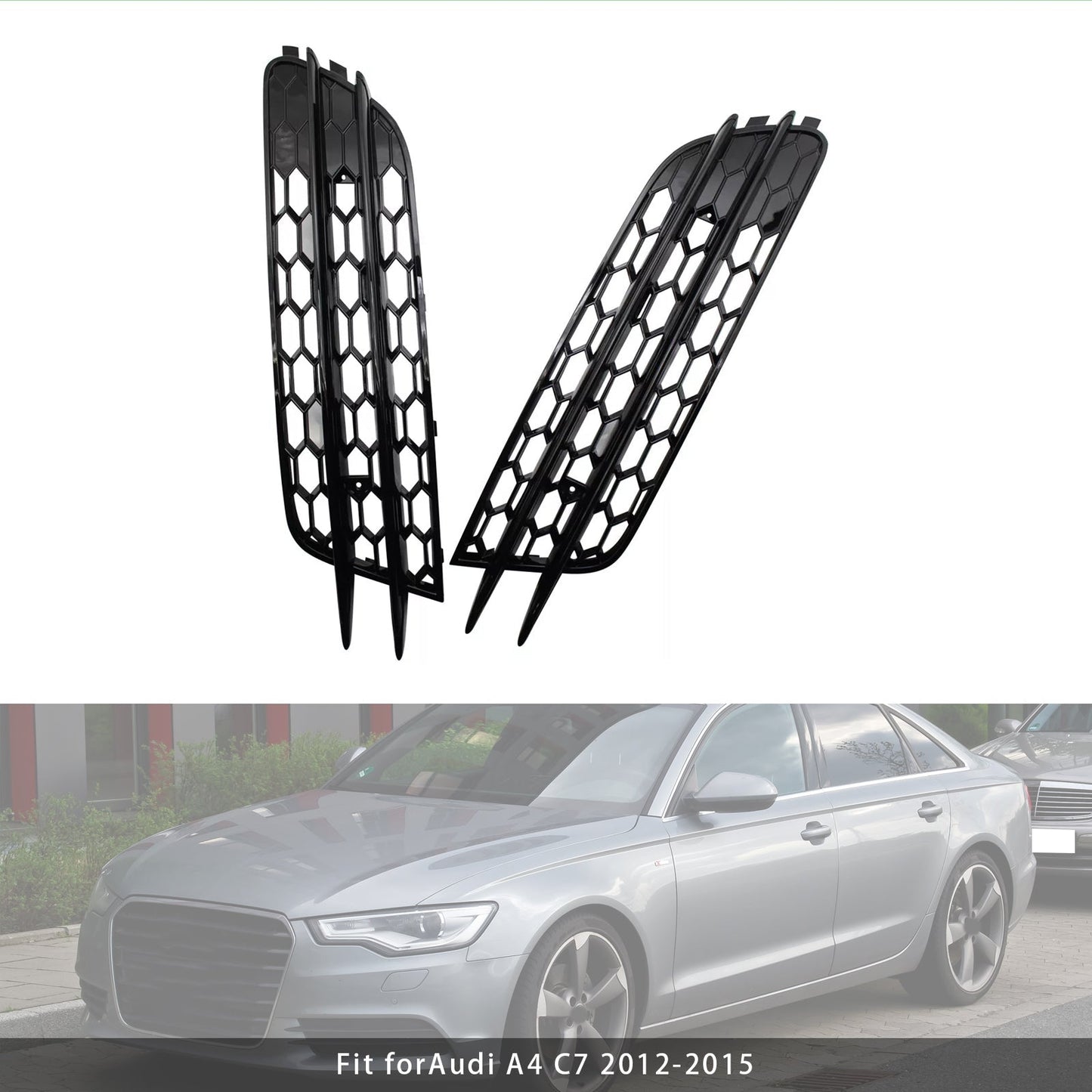 2012-2015 Audi A6 C7 Front Bumper Honeycomb Fog Light Grille — Pair (4G0807681 / 4G0807682)