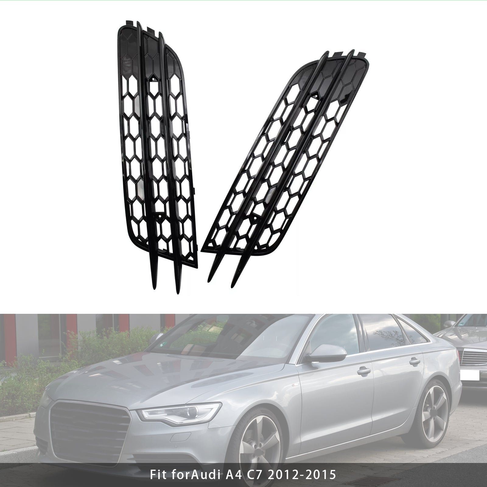 2012-2015 Audi A6 C7 Front Bumper Honeycomb Fog Light Grille — Pair (4G0807681 / 4G0807682)