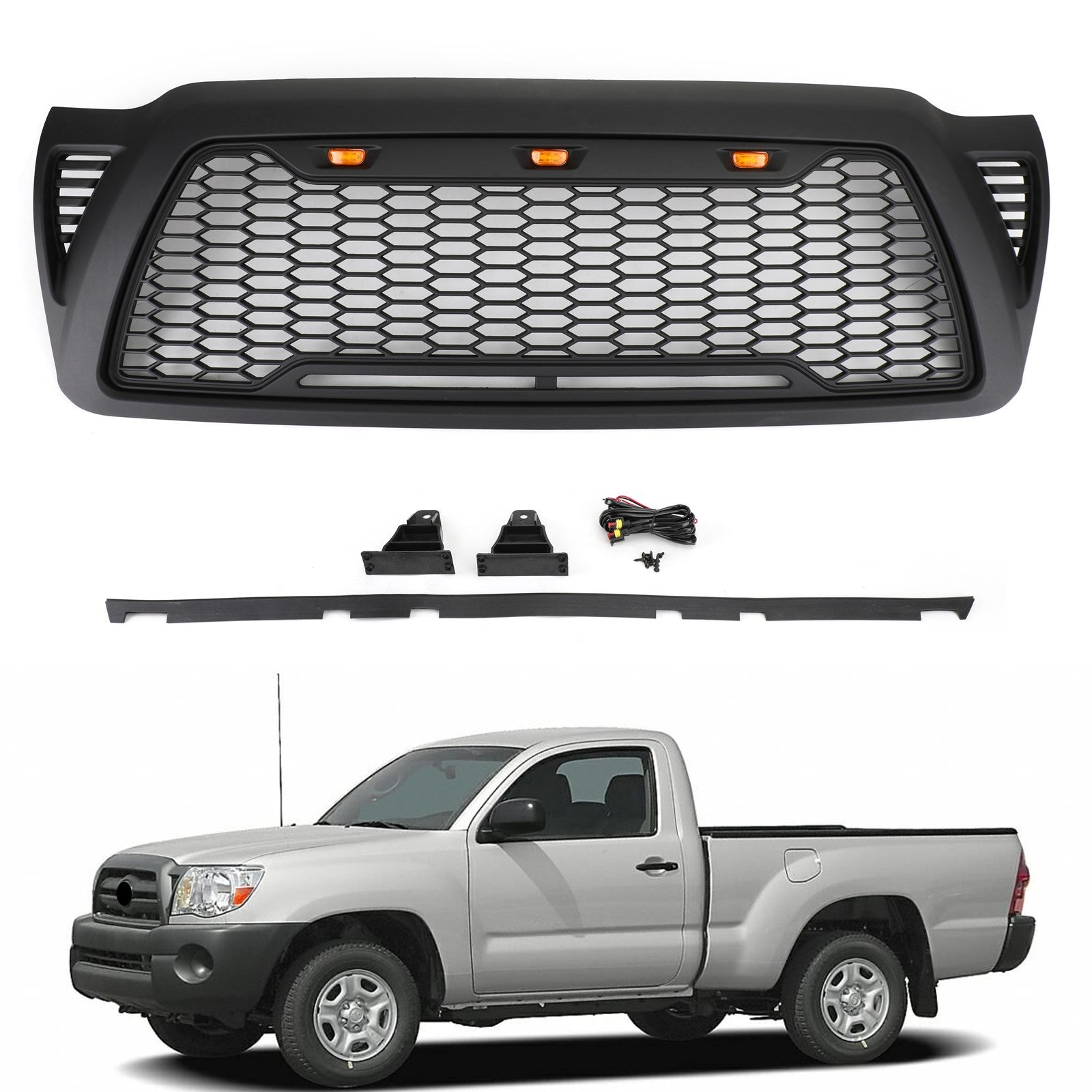 Front Grille Bumper Hood Mesh Grill Fit Toyota Tacoma 2005-2011 With LED lights