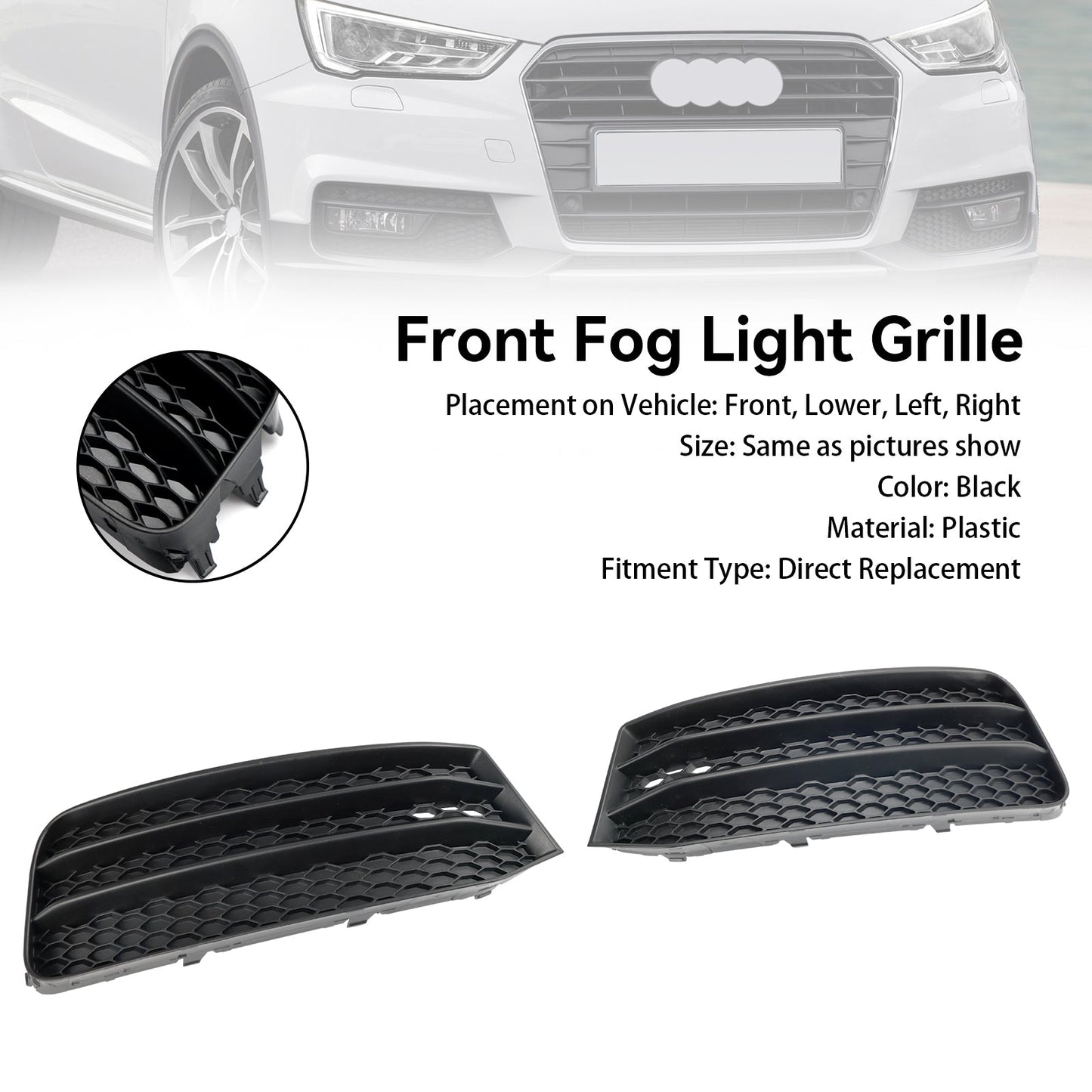 2015-2018 Audi A1 8X Front Bumper Fog Light Cover Grille — Pair (8XA807681B / 8XA807682B)
