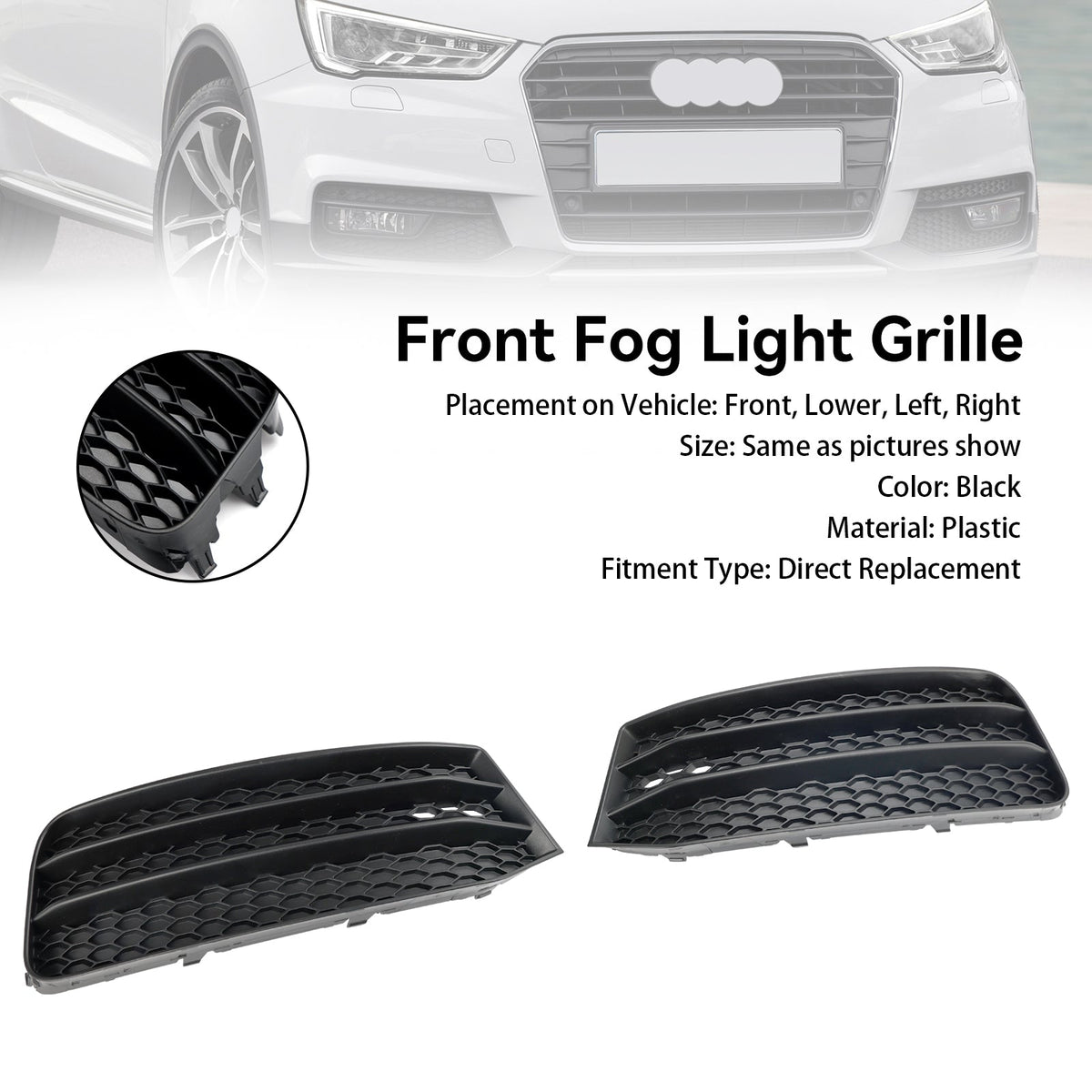 2015-2018 Audi A1 8X Front Bumper Fog Light Cover Grille — Pair (8XA807681B / 8XA807682B)