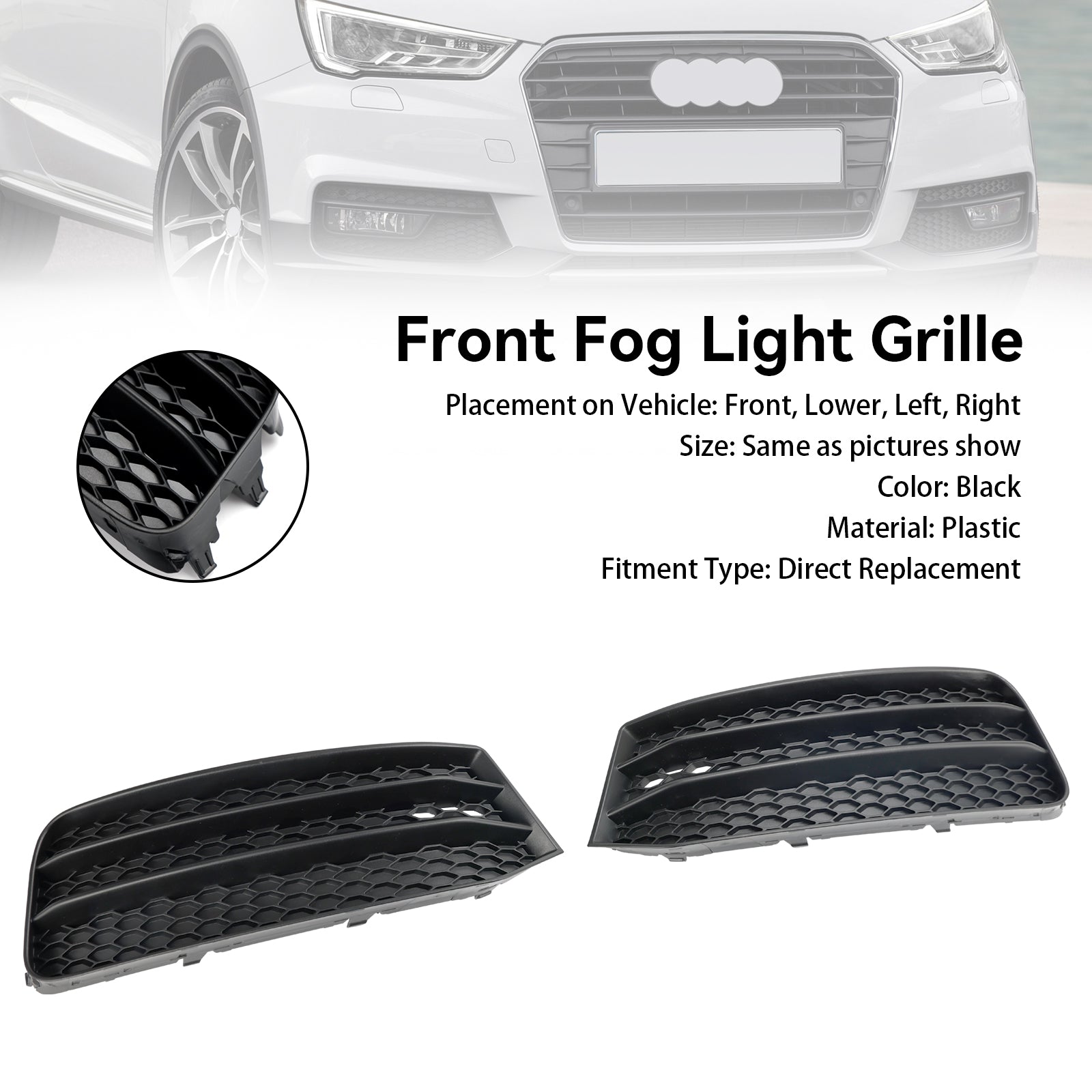 2015-2018 Audi A1 8X Front Bumper Fog Light Cover Grille — Pair (8XA807681B / 8XA807682B)