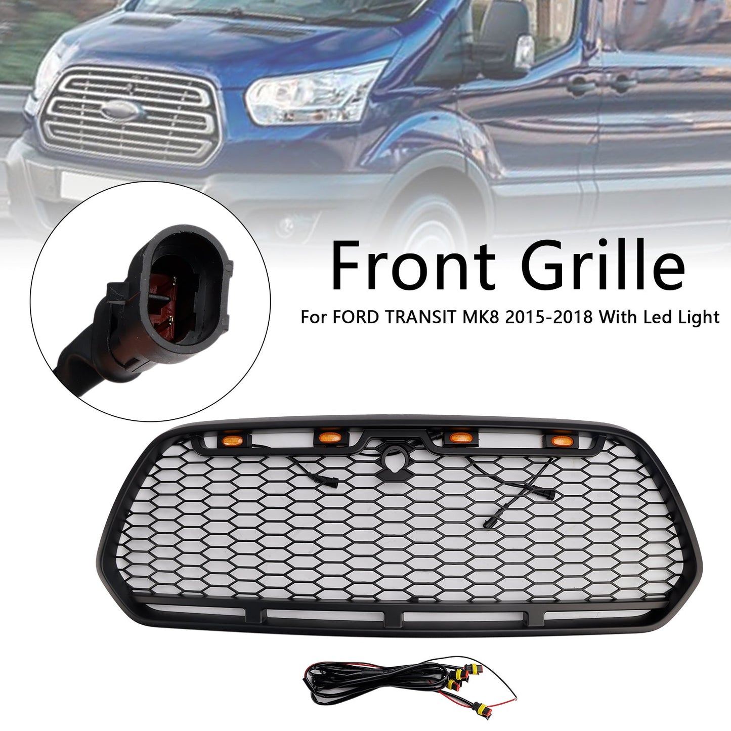 Matt Black Front Bumper Grill Grille Fit Ford Transit MK8 2015-2018 Raptor w/LED