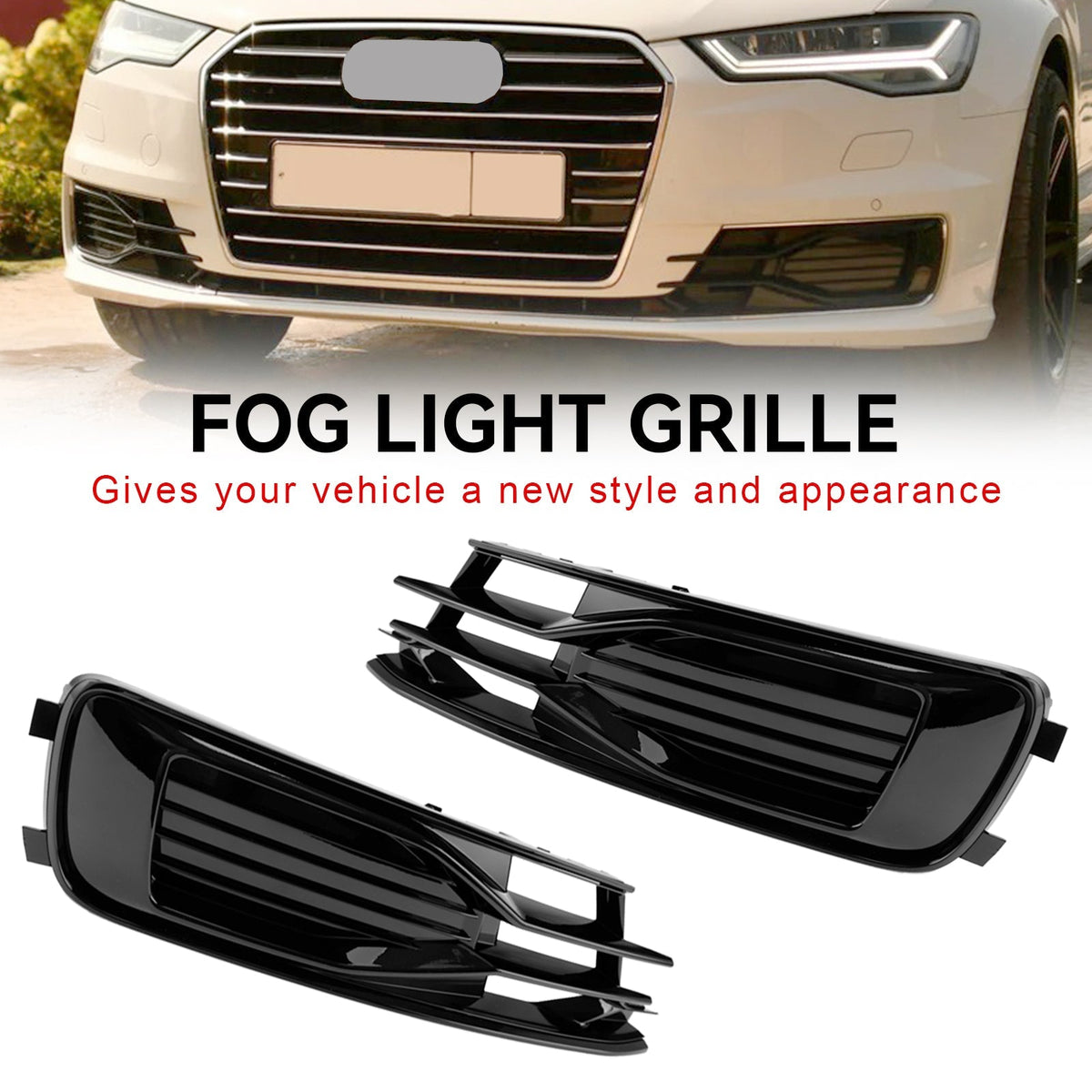 2014-2018 Audi A6 C7 Black Front Bumper Fog Light Cover Grille — Pair (4G0807647T94 / 4G0807648T94)