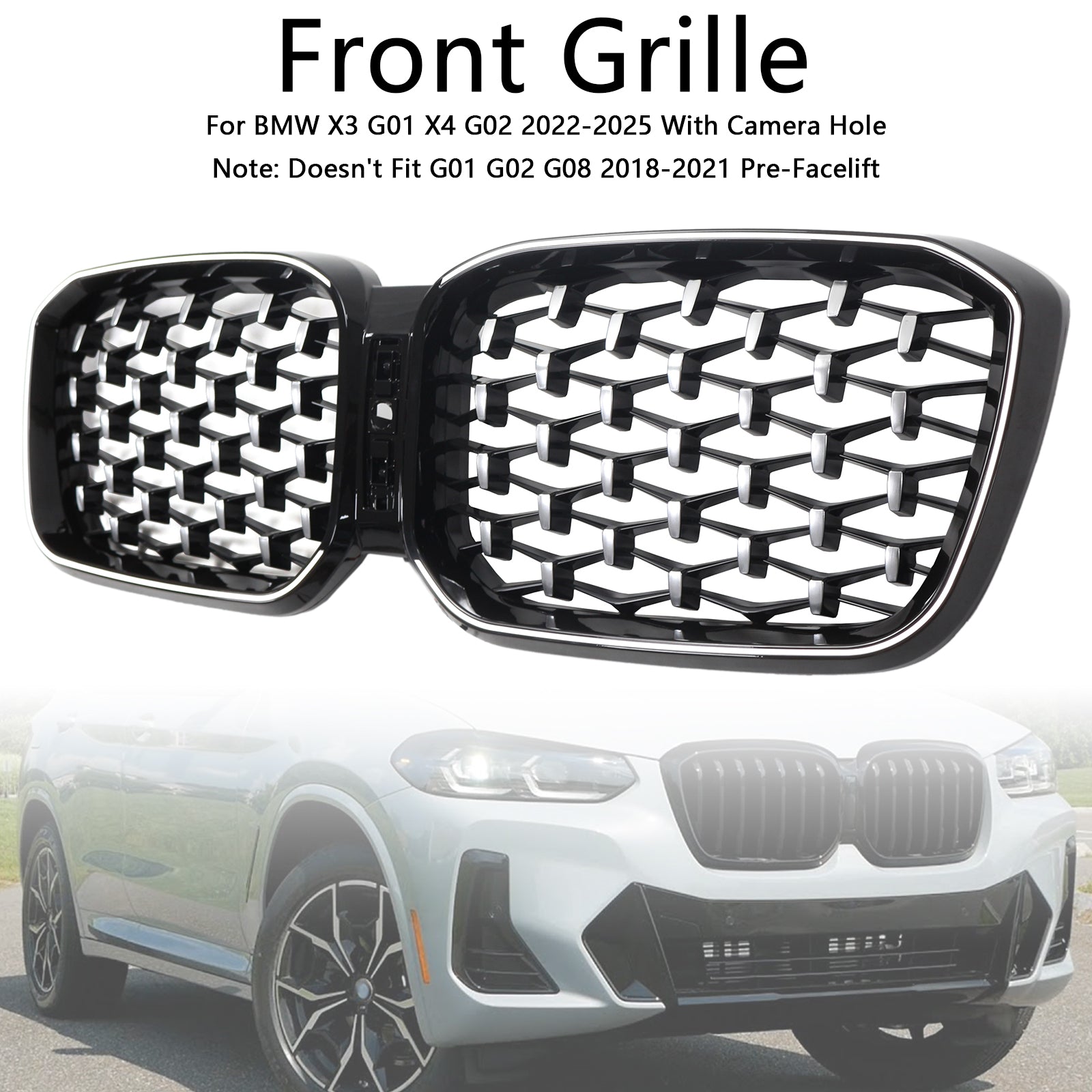 2022-2025 BMW X3 G01 X4 G02 Diamond Chrome Front Bumper Kidney Grille