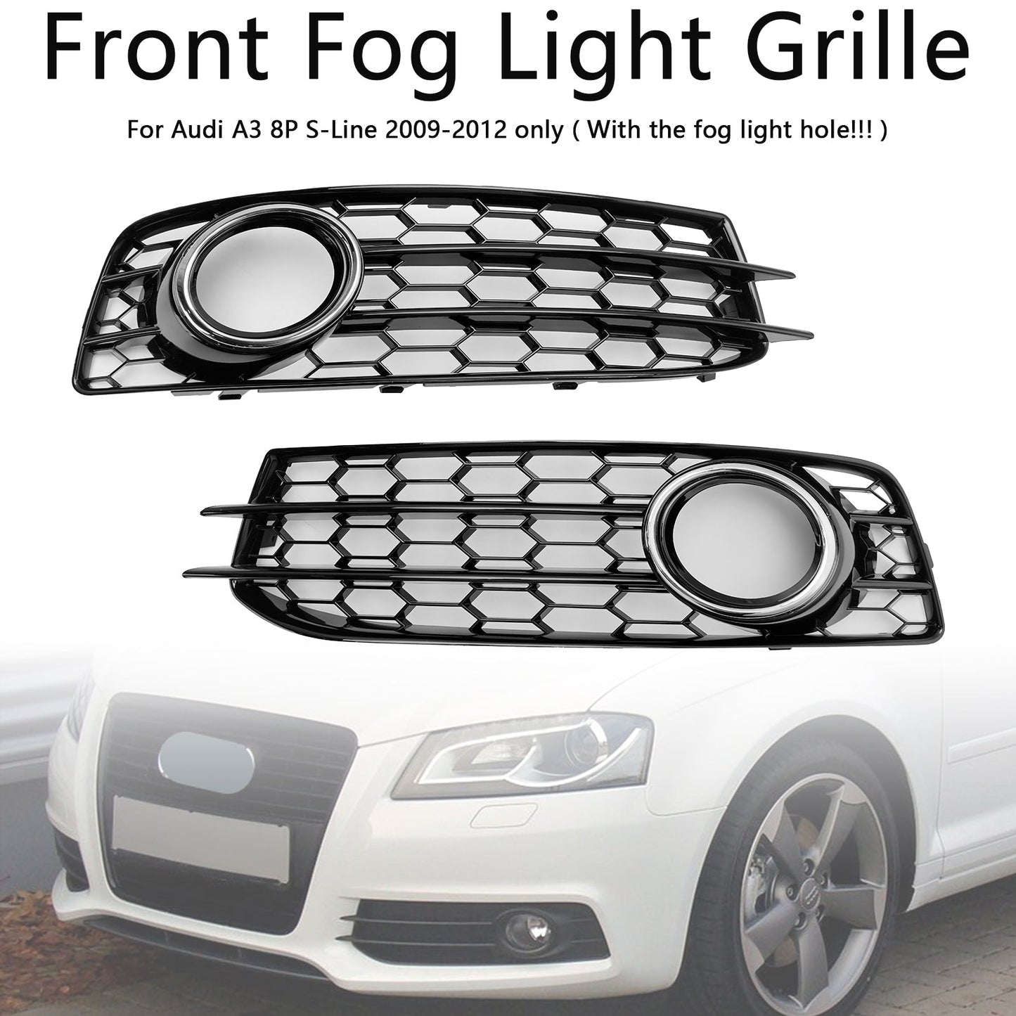 2009-2012 Audi A3 8P S-Line Honeycomb Front Bumper Fog Light Grille Cover (8P0807682)