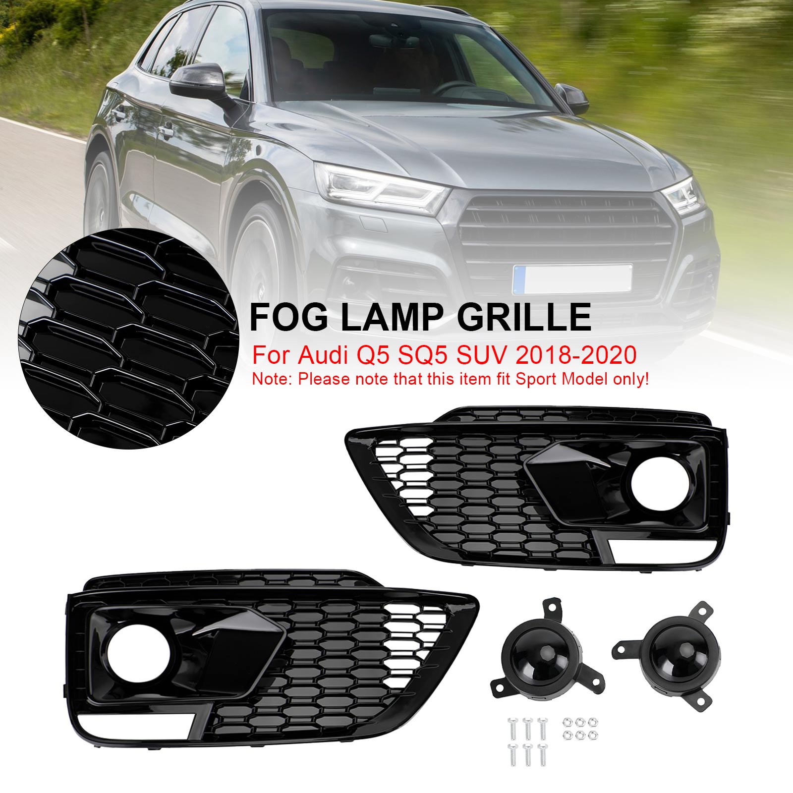 2018-2020 Audi Q5 SQ5 RSQ5 Style Black Front Honeycomb Fog Lamp Grille Cover