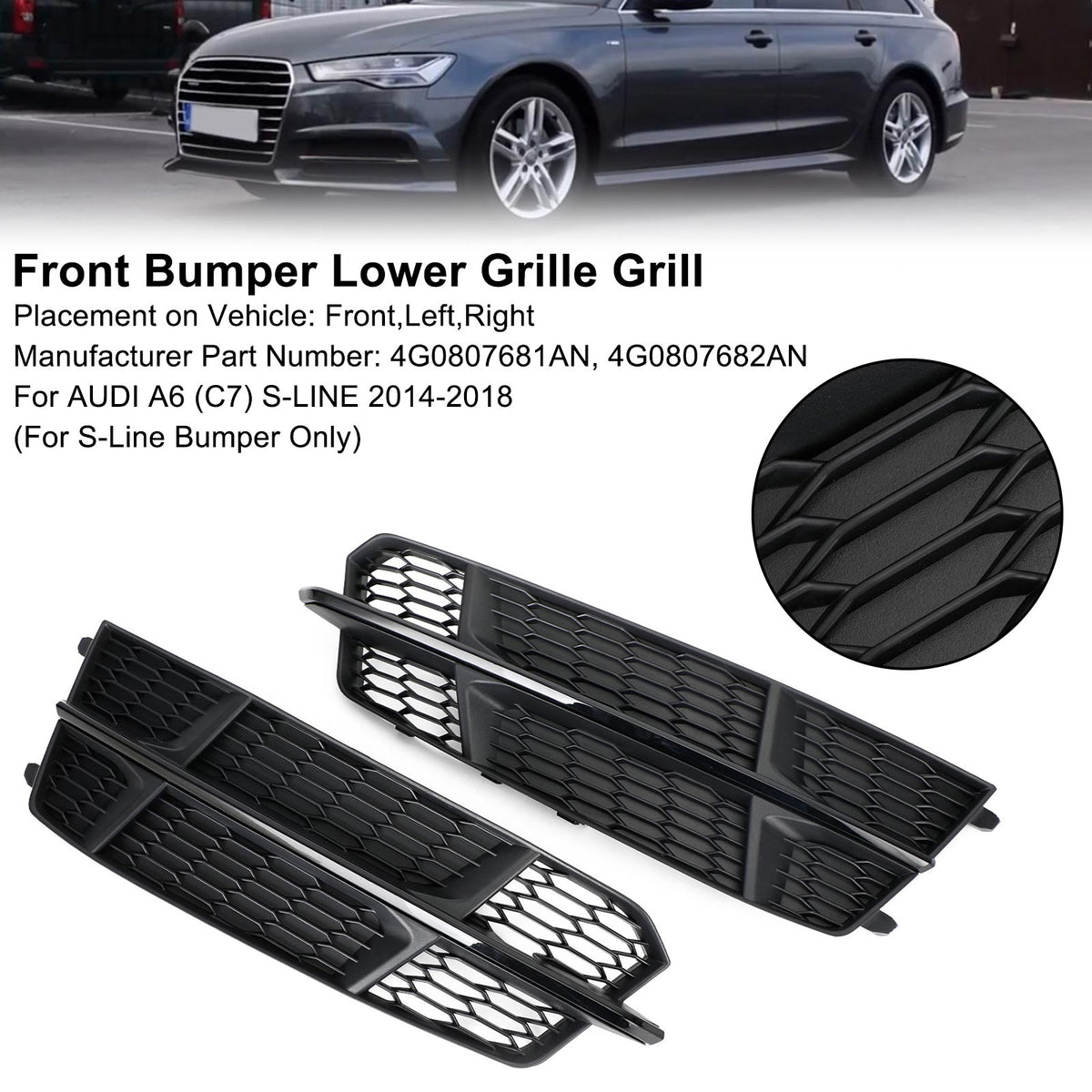 2016-2018 Audi A6 C7 S-Line Front Bumper Lower Grille Matte Black — Pair (4G0807681AN / 4G0807682AN)