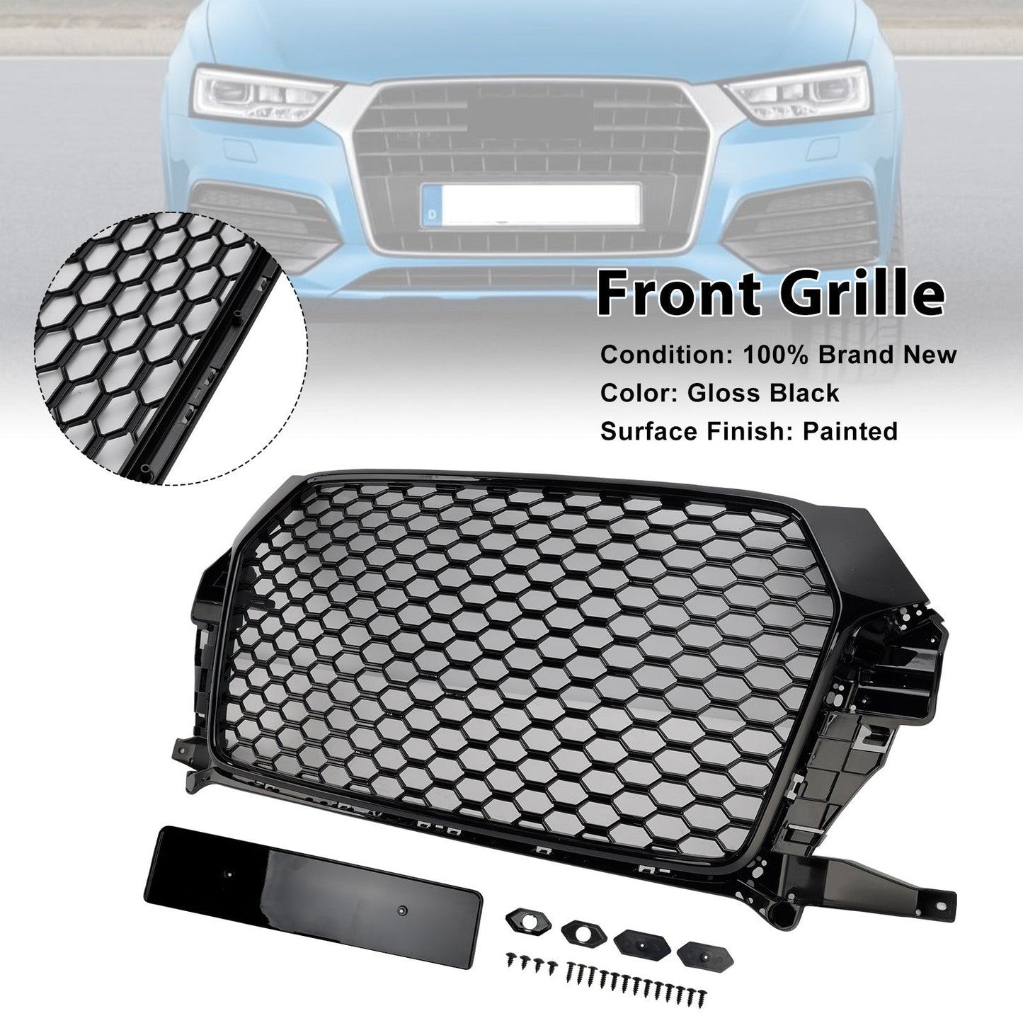 2016-2018 Audi Q3 Gloss Black RSQ3 Style Front Honeycomb Grille