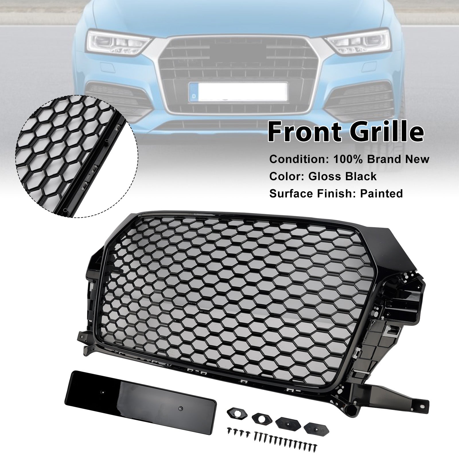 2016-2018 Audi Q3 Gloss Black RSQ3 Style Front Honeycomb Grille